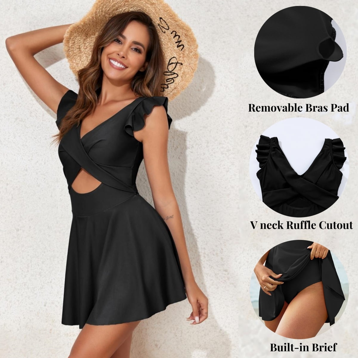 SHEWIN Womens One Piece Swimdress Tummy Control Ruffle Cutout V Neck Swimwear (Black, L) ra17v