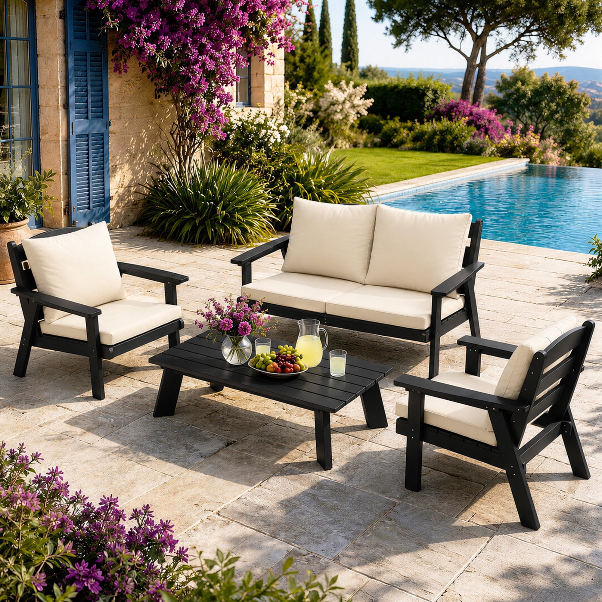 FOOWIN 4-Piece Patio Furniture Set, Weather-Resistant HDPE Outdoor Conversation Set with Cushions (Black Frame, Beige Cushion, 4-Piece Set) t7gph