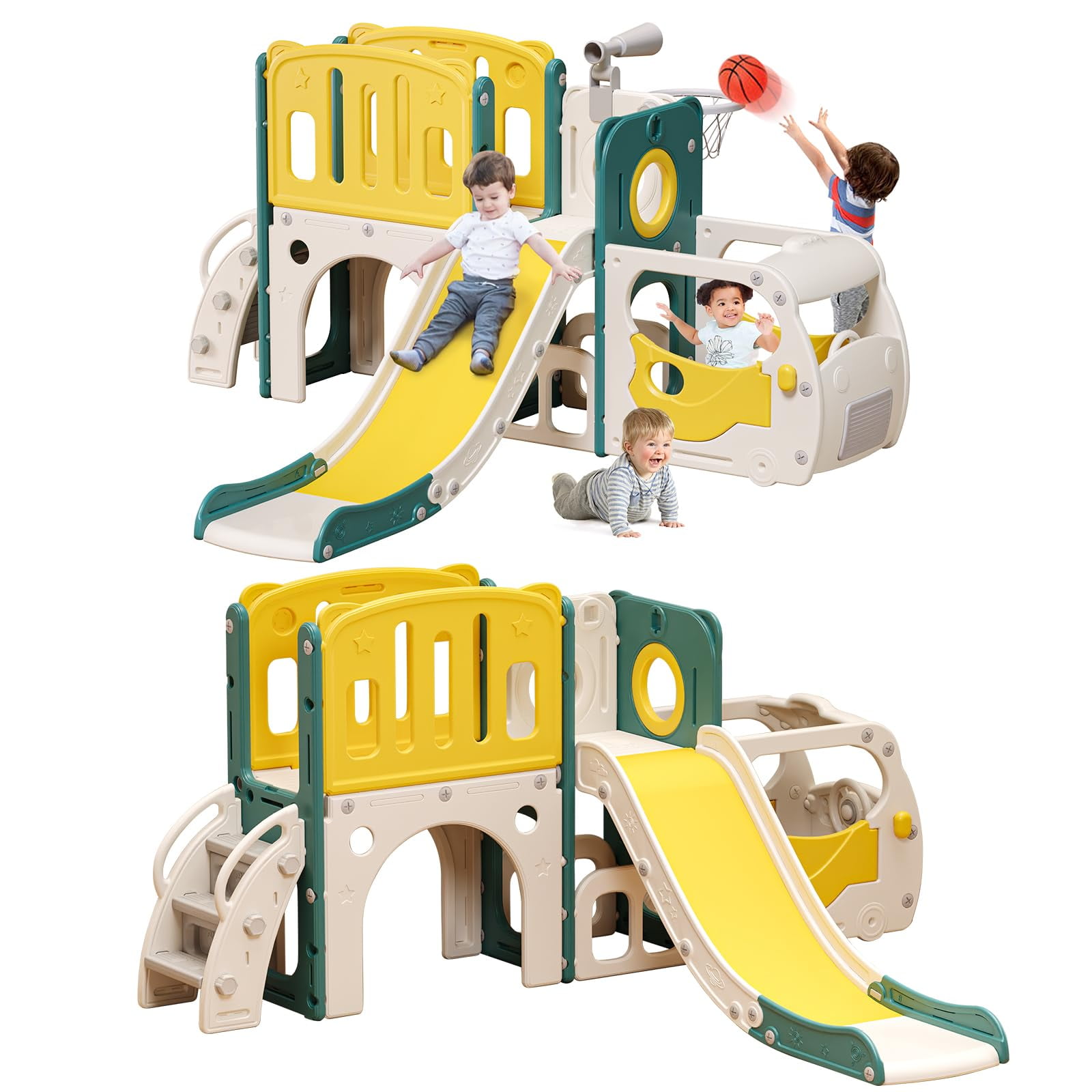 JIAOQIU Bus Themed Toddler Slide Playset with Climber and Basketball Hoop (Green) 63fi7