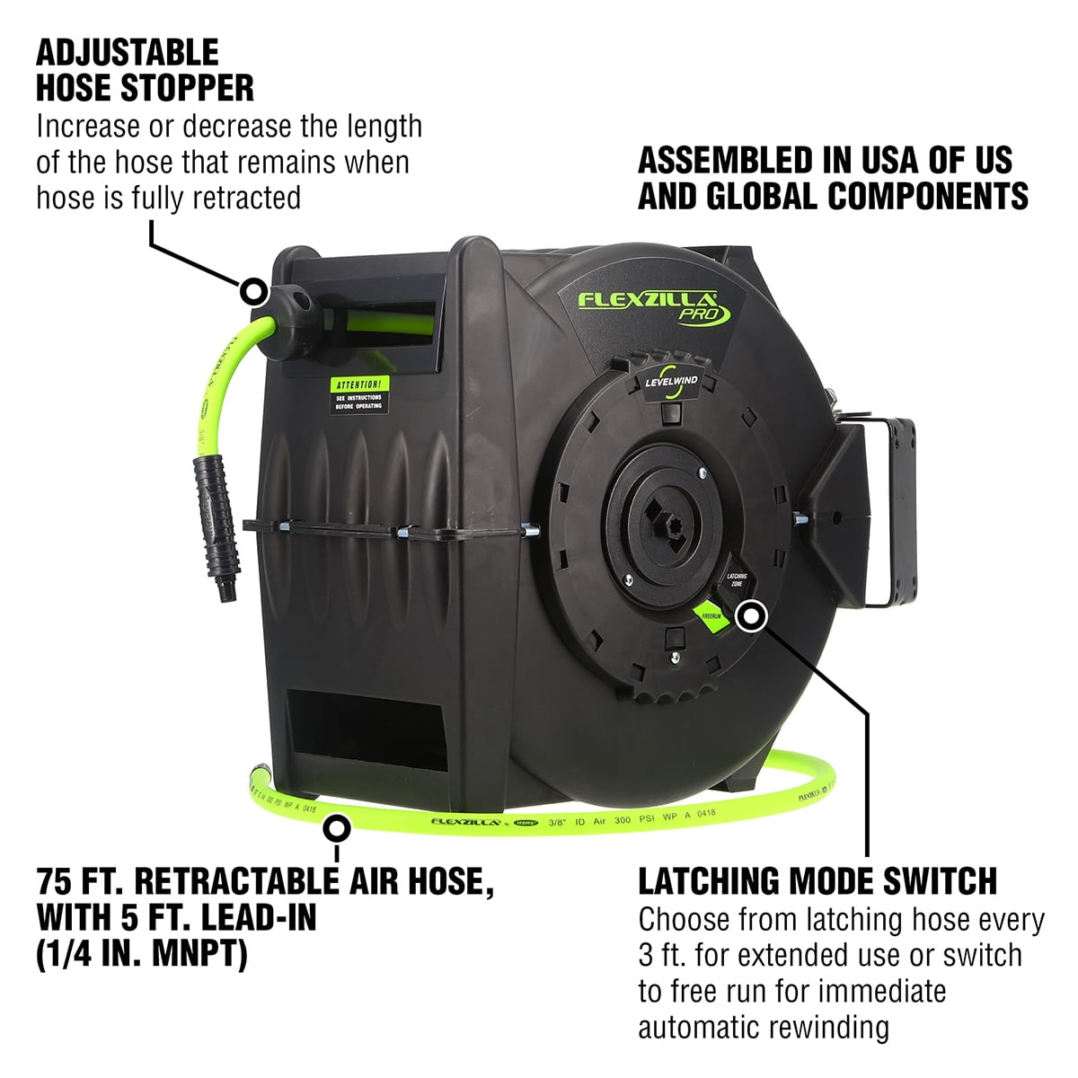 Flexzilla Pro Retractable Air Hose Reel with Levelwind Technology (ZillaGreen, 3/8 in x 75 ft) 46eaz