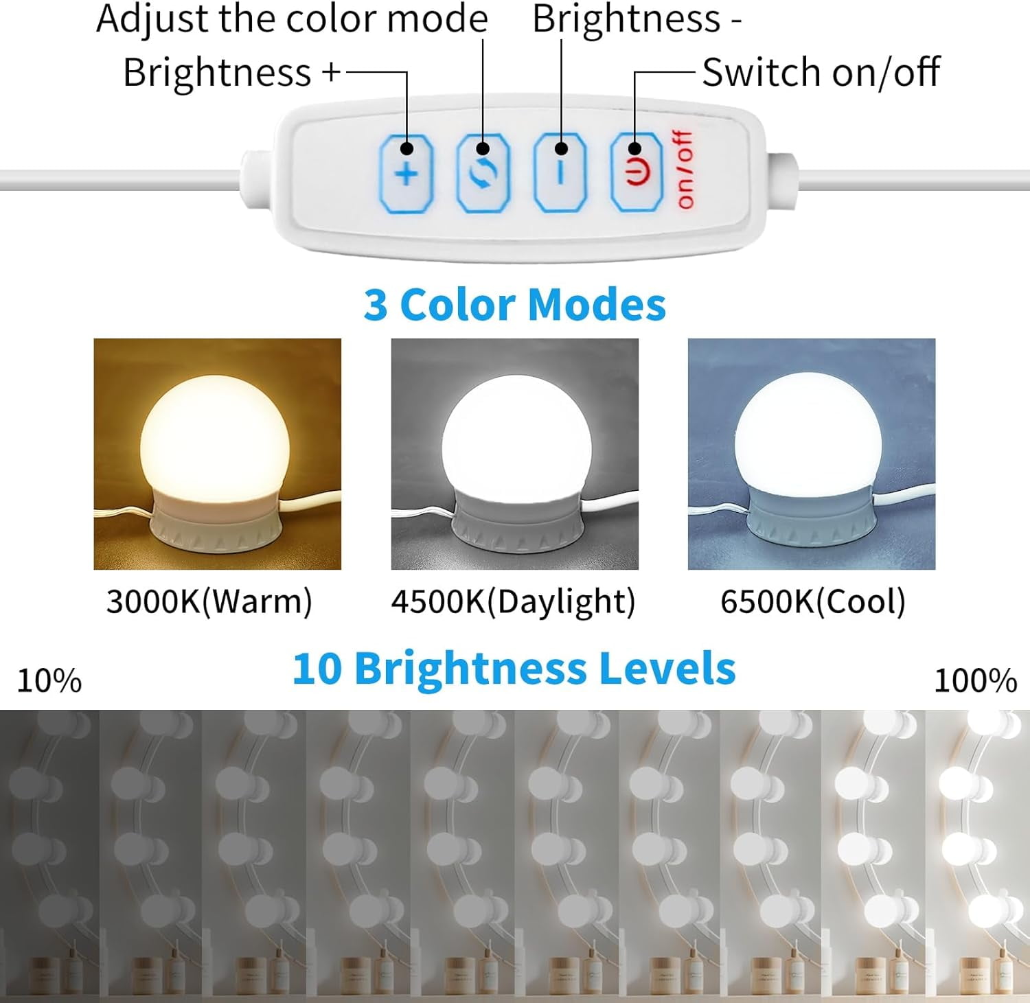 OGEDNAC LED Vanity Mirror Lights, Hollywood Style Dimmable Lighting Kit with 12 Bulbs (Adjustable Color, 10.9 ft) t5du1