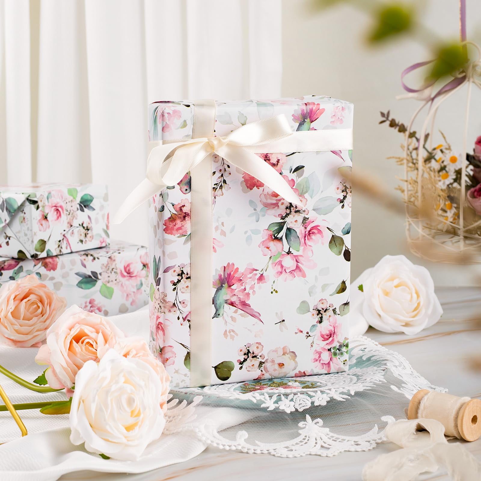 HOMERAL Floral Gift Wrapping Paper Roll - Romantic Pink Bird Design for Birthdays and Weddings (Pink, 17 in x 33 ft) mlgka