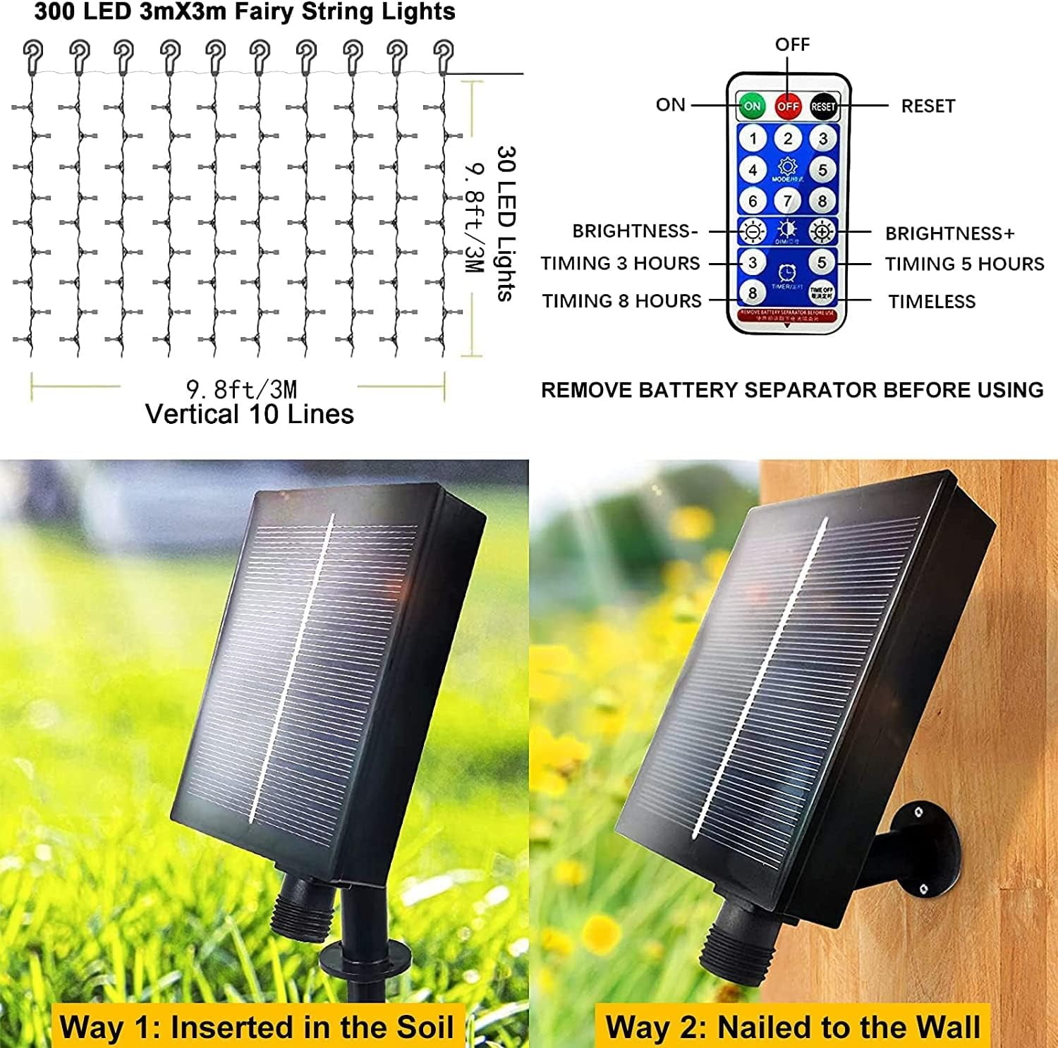Generic LED Solar Curtain String Lights 8-Mode Waterproof Fairy Lighting for Wedding Garden Decor (Warm White, 10 ft x 10 ft) pgrfp