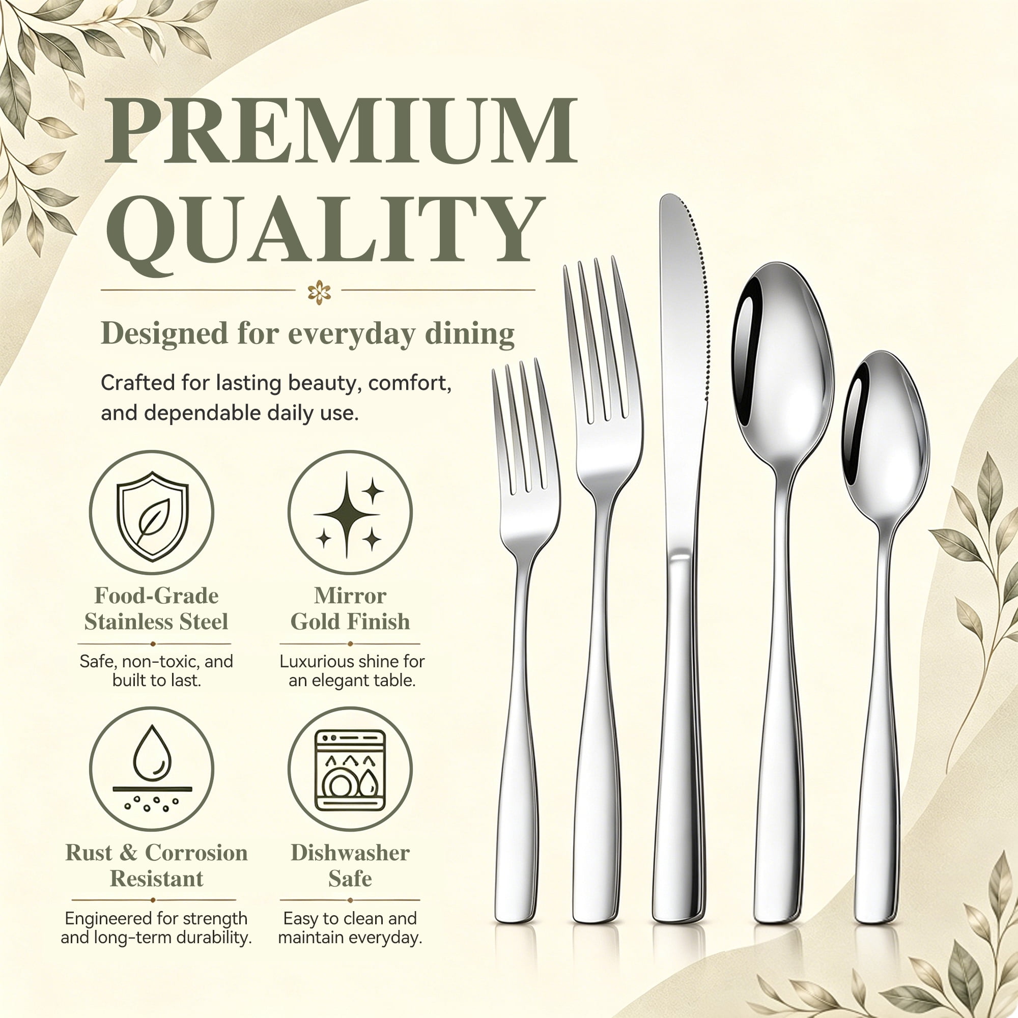 TINANA Stainless Steel Flatware Set, Mirror Polished Cutlery for 6, Dishwasher Safe (Silver, 30 Piece Set) dhi8d