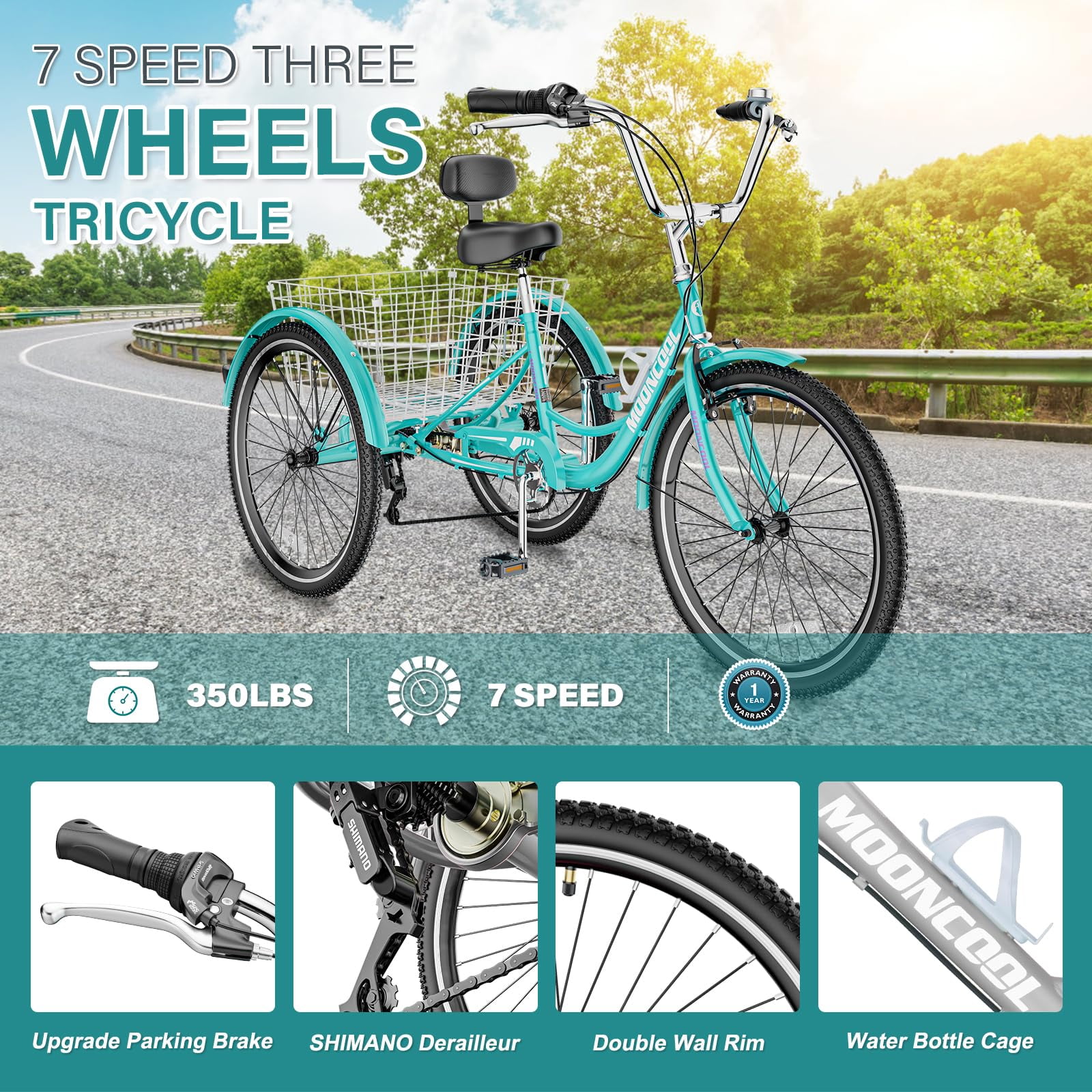 MOPHOTO Adult Tricycle 7-Speed Three-Wheel Cruiser Bike (Blue, 26 in) m31k4