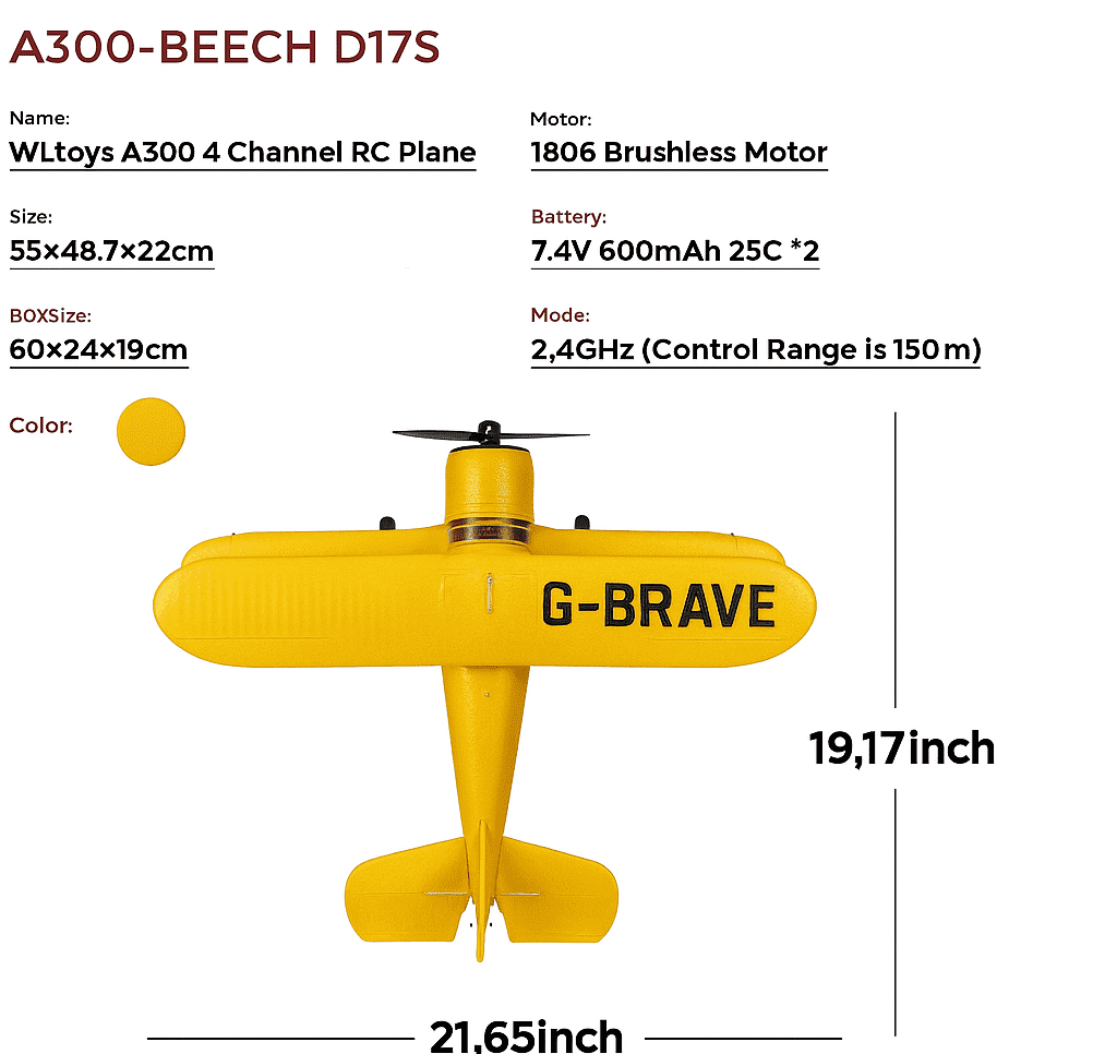 Bruce & Shark A300 RC Airplane Beechcraft D-17 4-Channel Brushless Remote Control Plane with Lights (Yellow, 2 Batteries) 35sy4