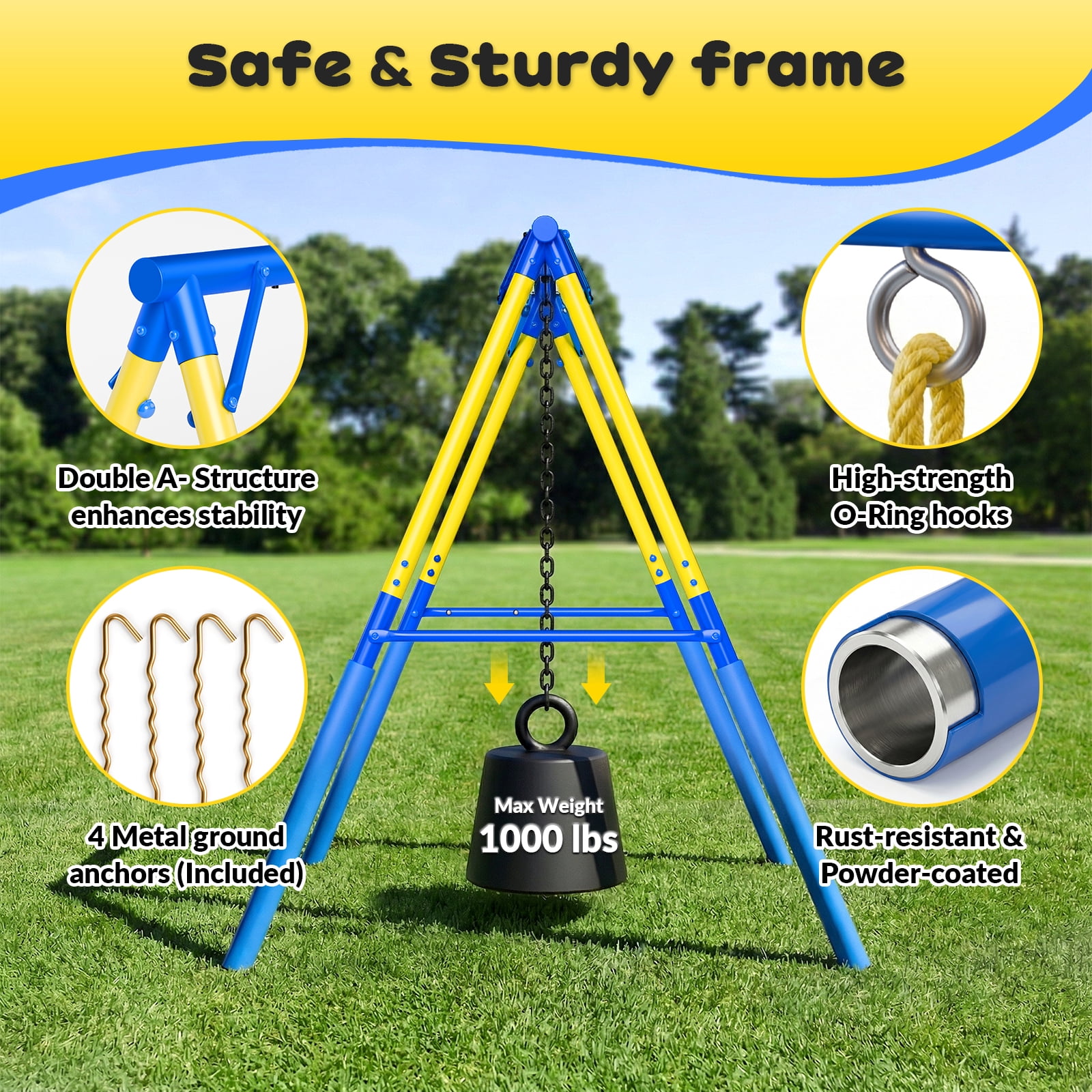 Gardwin Metal Swing Set with Trampoline and Slide (Yellow, 1000 lb Capacity) 9y98a