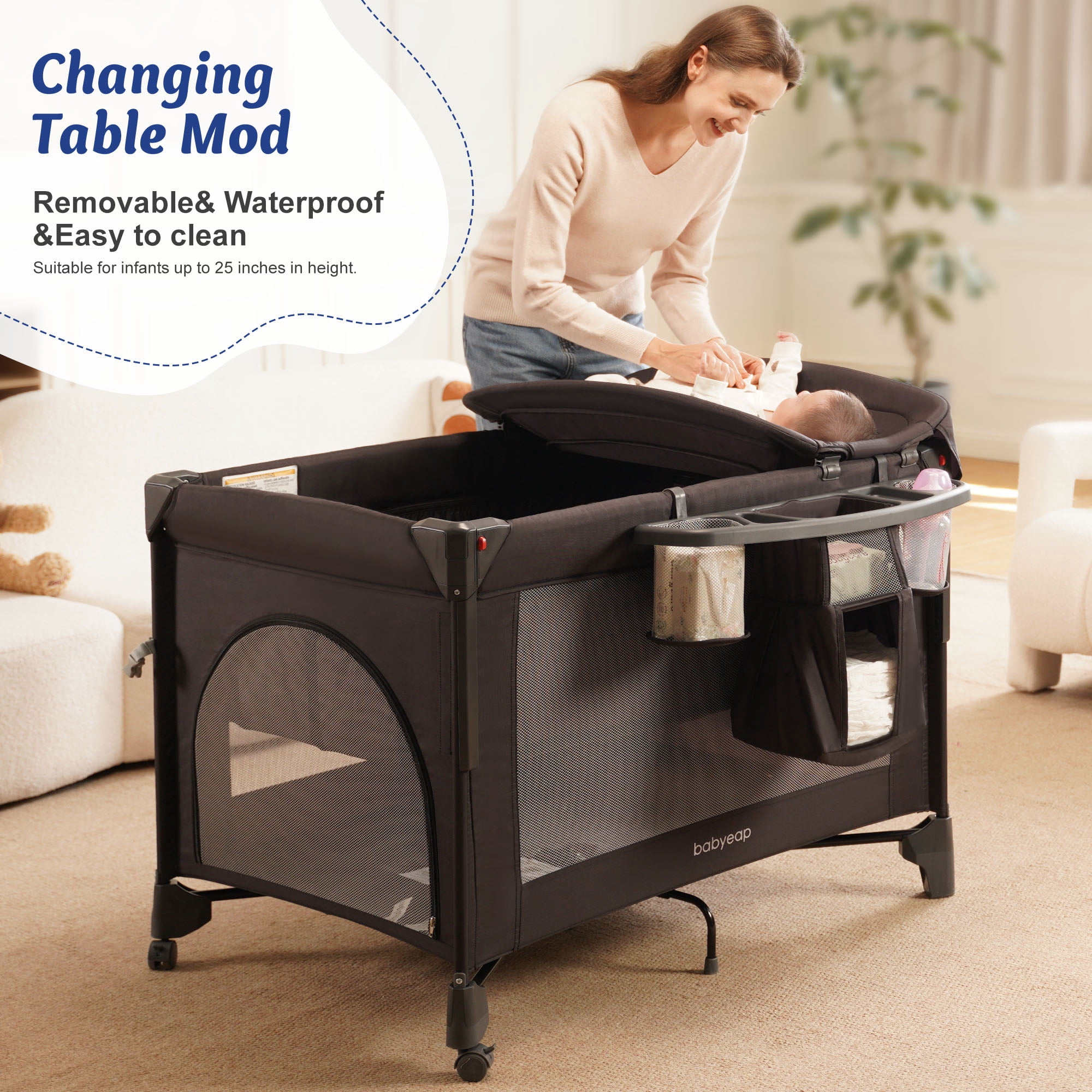 Babyeap 4-in-1 Portable Baby Bassinet and Playard with Changing Table (Black, 30 lb Capacity) npfzr