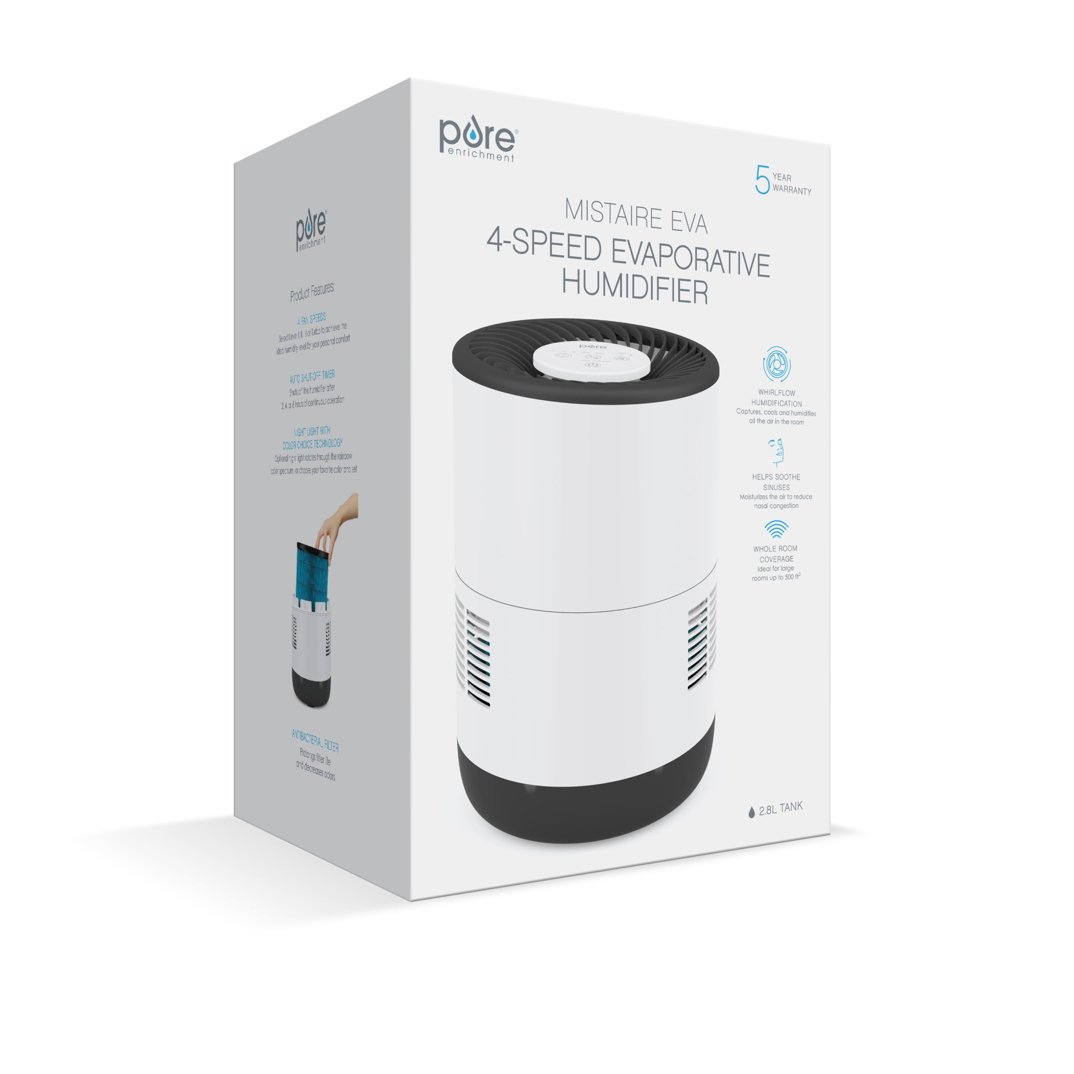 Pure Enrichment MistAire Eva Evaporative Humidifier for Large Rooms with 4-Speeds and Auto Shut-Off (White, 0.74 gal) 4exf2