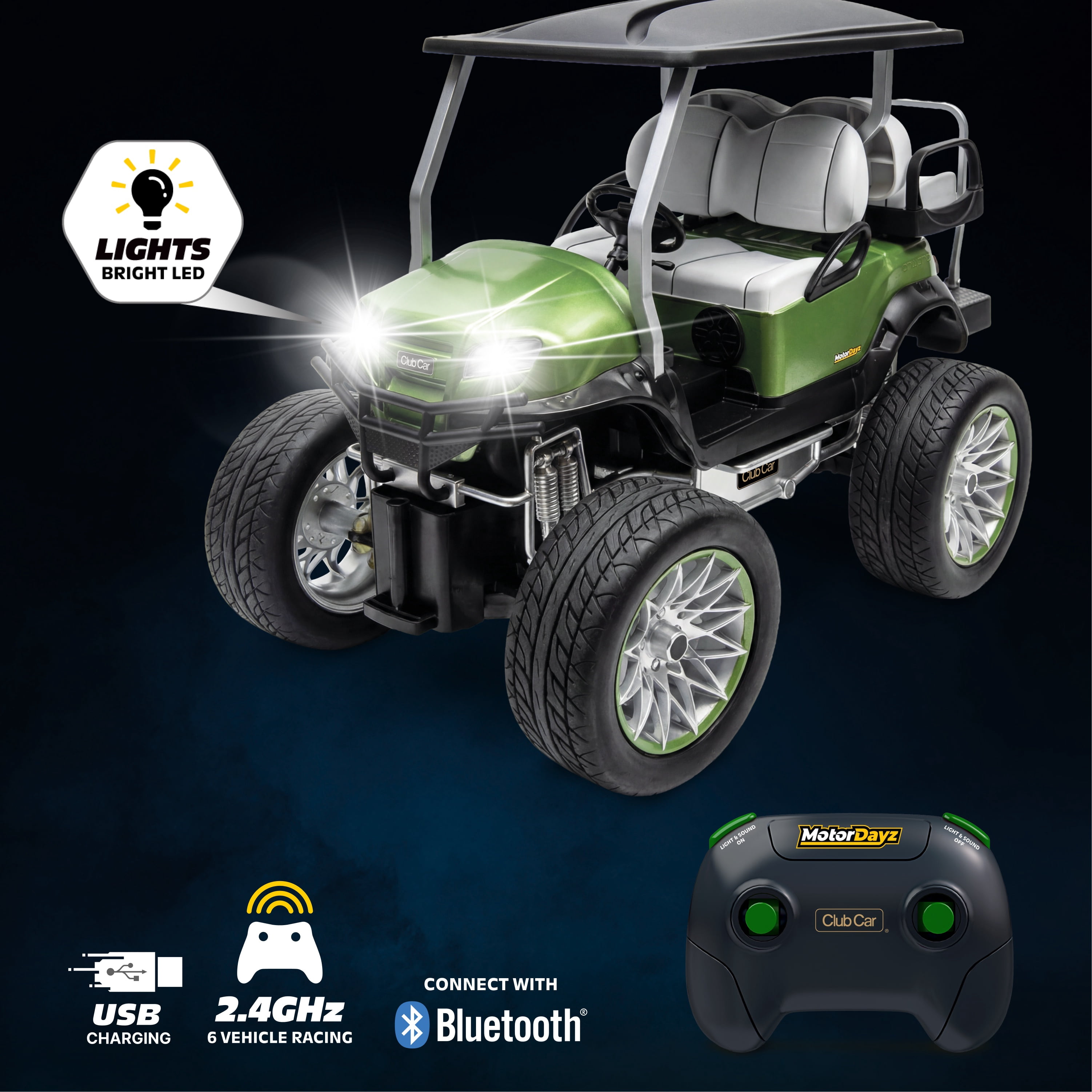 MotorDayz Radio Control Golf Cart Toy with Bluetooth Speaker and Working Lights (Green, 1:15 Scale) av5wz