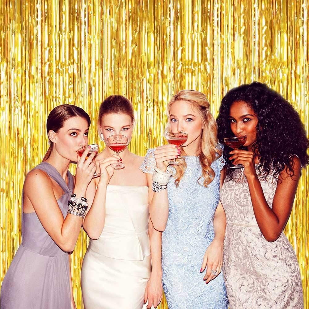 WATTNE Metallic Foil Fringe Curtains, Shiny Tinsel Photo Booth Backdrop for Party Decorations (Gold, 3 Pack, 3.3 ft x 6.6 ft) 43oyq