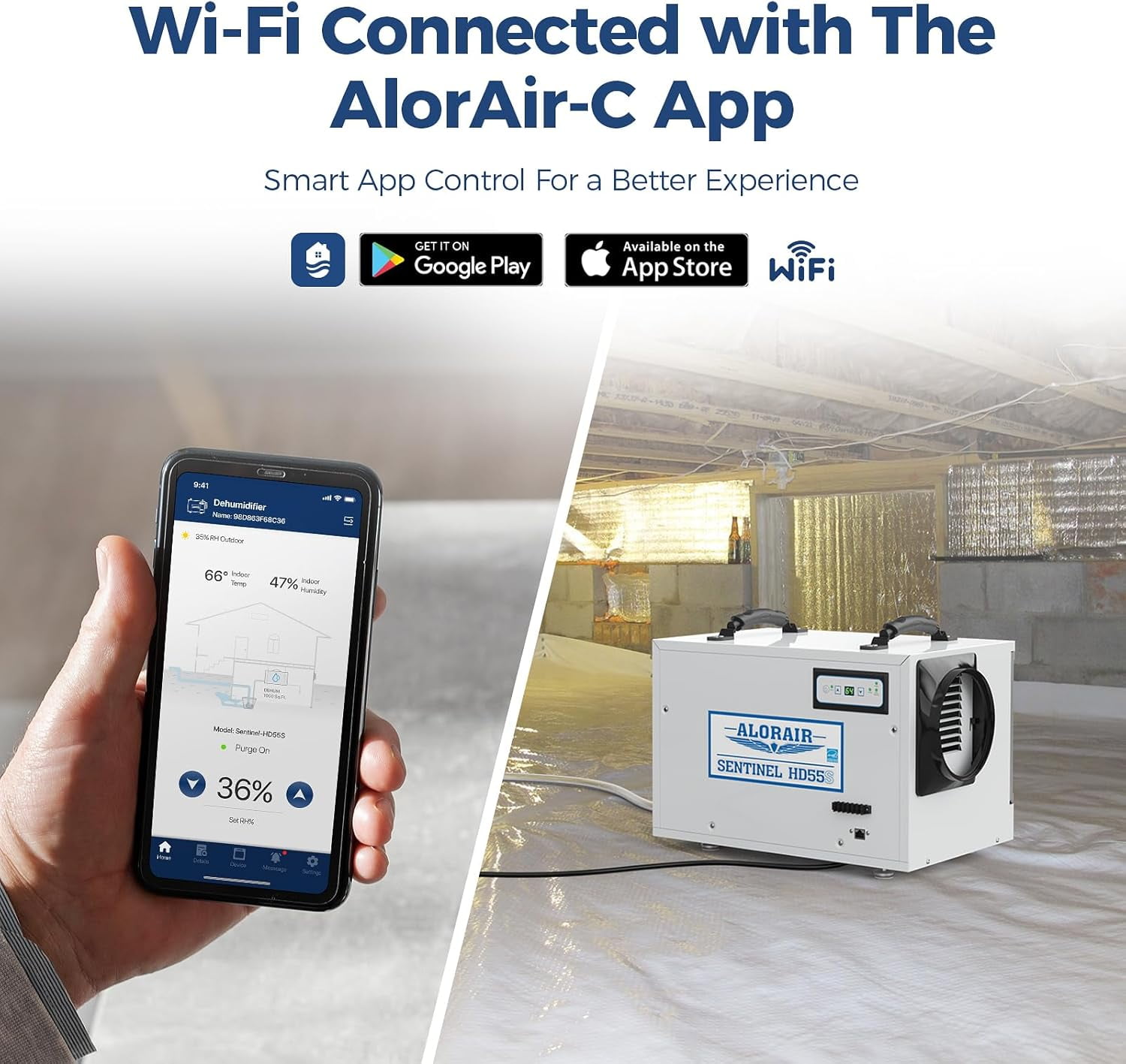AlorAir Crawl Space Dehumidifier, 120 PPD Energy Star Commercial Basement Dehumidifier with Wi-Fi App Control (White, 19.2 x 12.2 x 13.3 in) eh1m1
