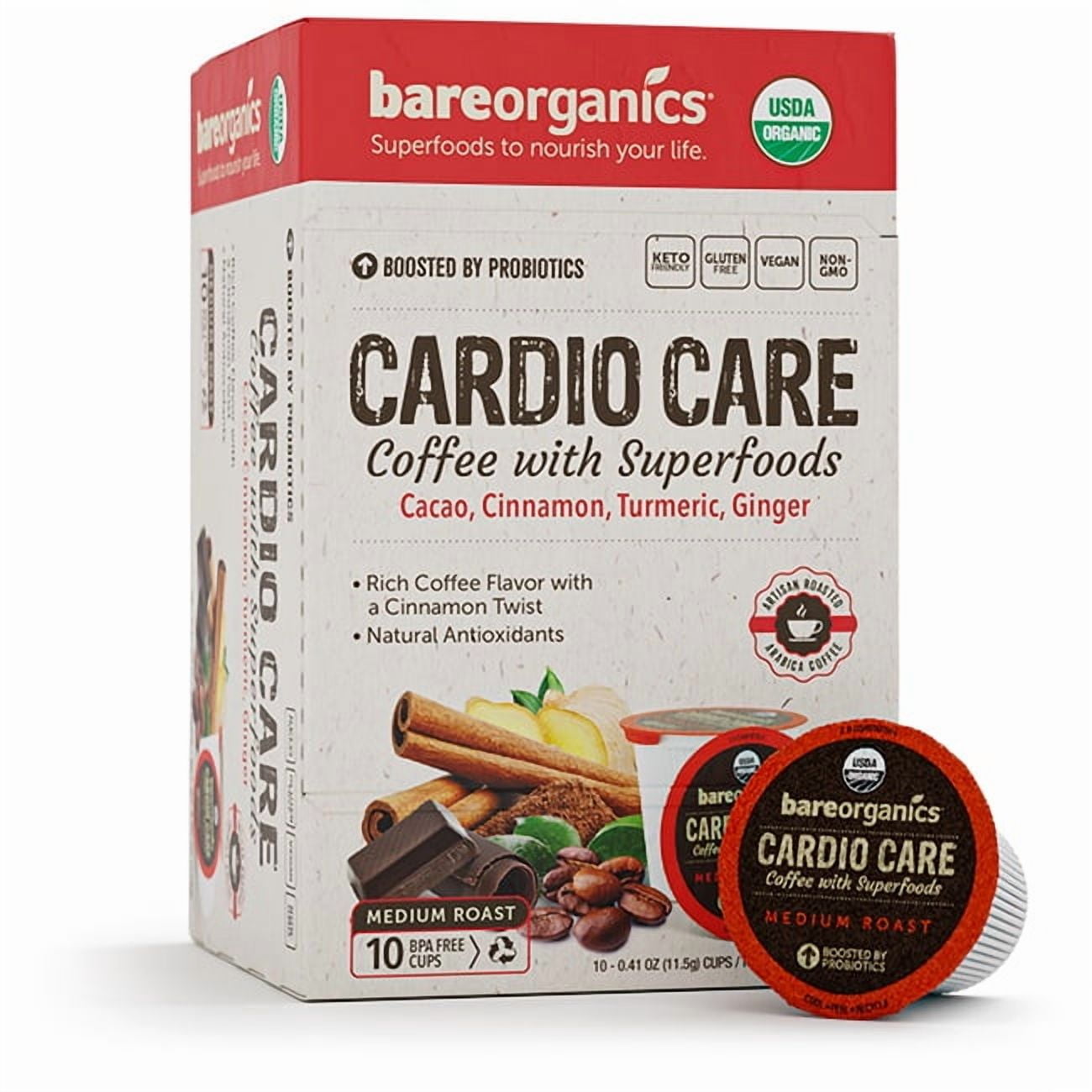 BareOrganics Cardio Care Organic Coffee Pods with Probiotics and Superfoods (10 Count, 4.87 oz) lep8f