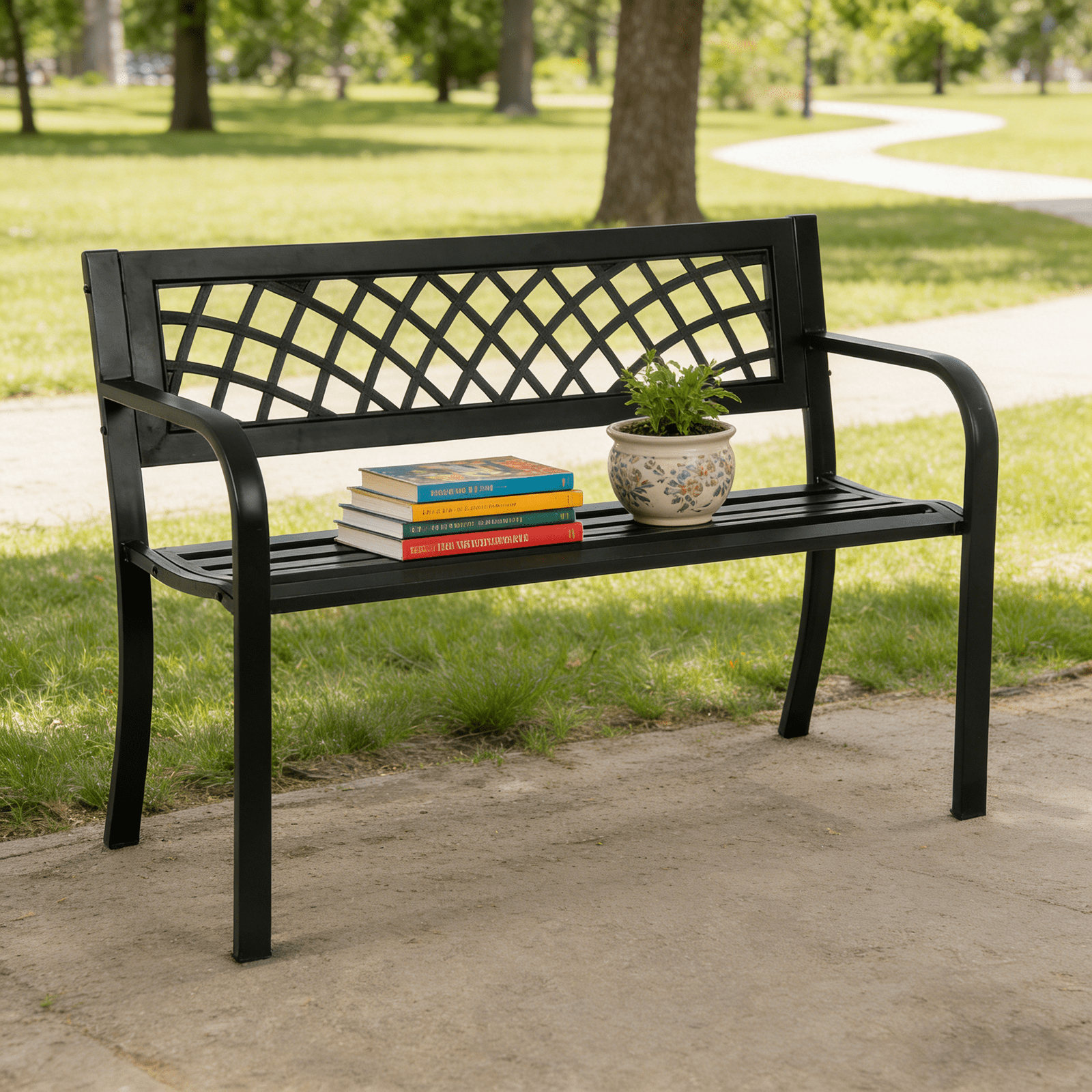 Dkeli Outdoor Garden Bench with Armrests, Rust-Resistant Steel Patio Park Seat (Black, 45.5 in L x 21.7 in D x 30 in H) 7r3qn