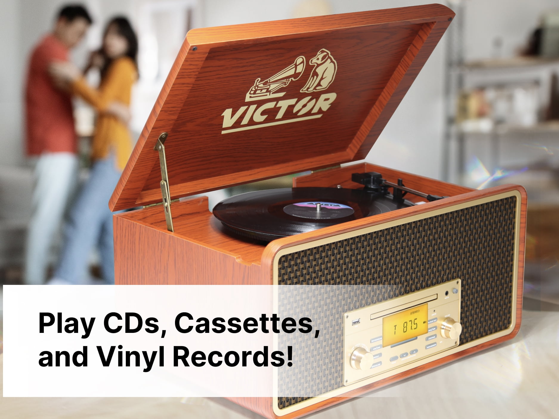 Victor 8-in-1 Music Center Record Player with Bluetooth, CD, Cassette, and AM/FM Radio (Graphite) uis0s