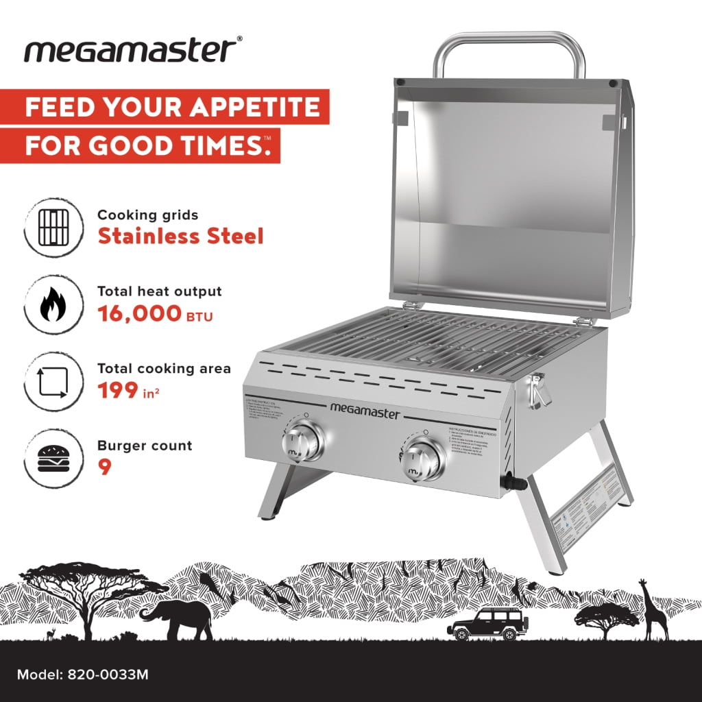 Megamaster 2-Burner Stainless Steel Portable Gas Grill, Tabletop Propane Grill for Camping and Outdoor Cooking (Silver, 199 sq in) 3shmc