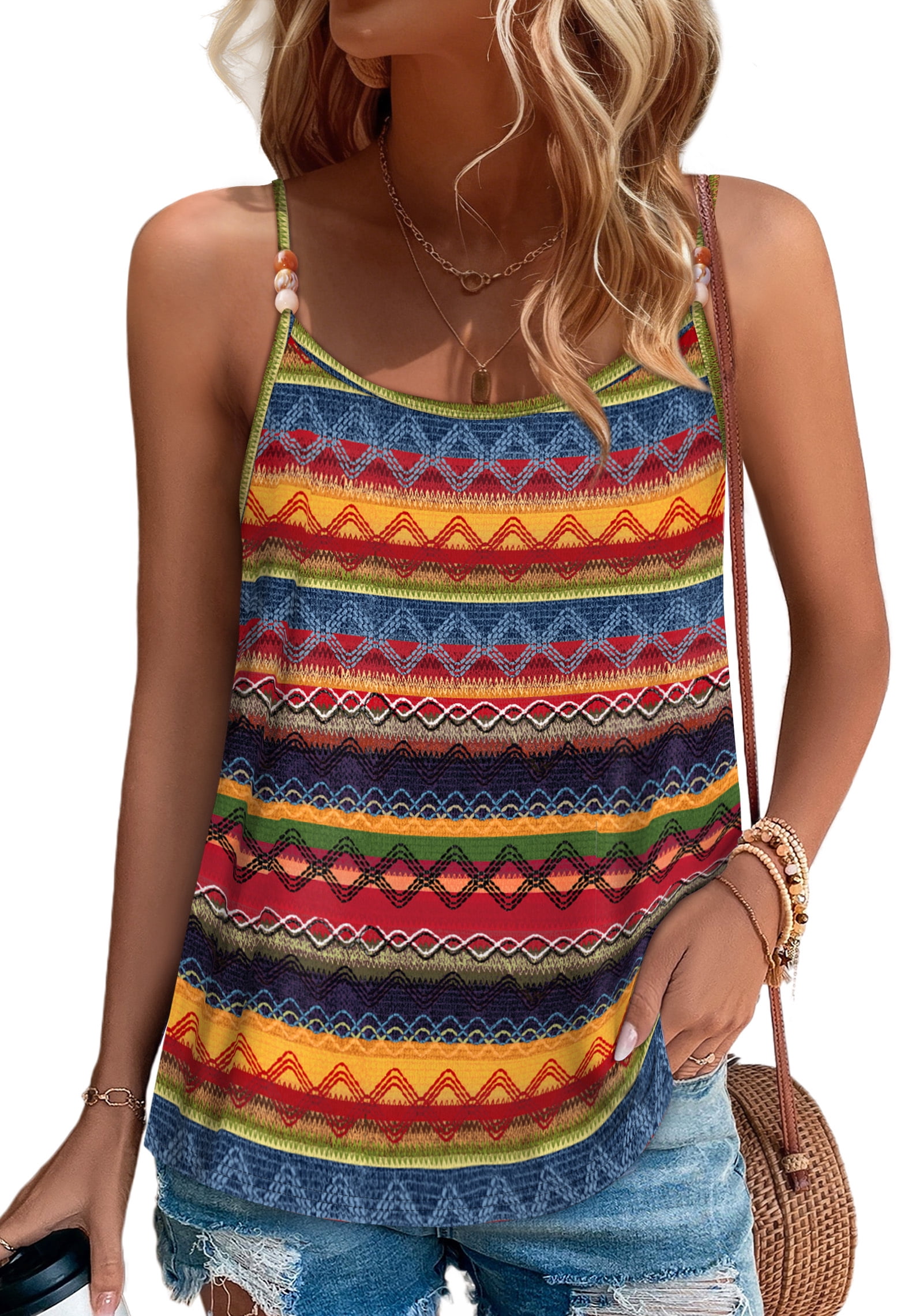 WIHOLL Women's Beaded Spaghetti Strap Tank Top Flowy Lace Scoop Neck Sleeveless Summer Cami (White, M) w0gde
