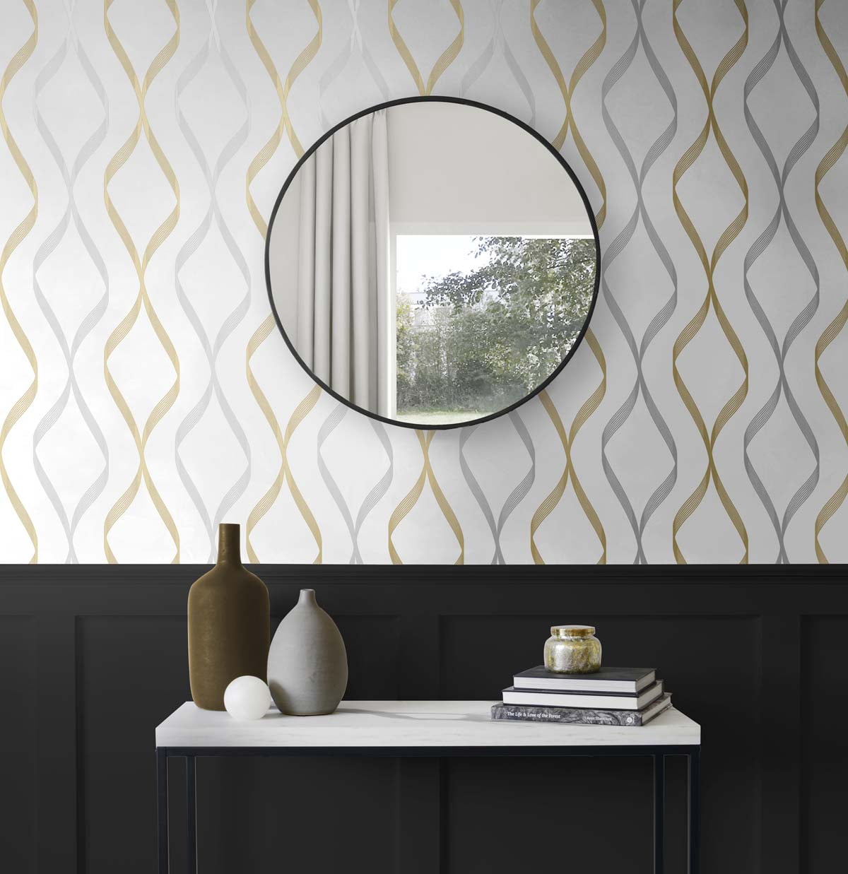 NextWall Ogee Ribbon Peel and Stick Wallpaper (Silver and Gold, 20.5 in. x 18 ft.) xie6h