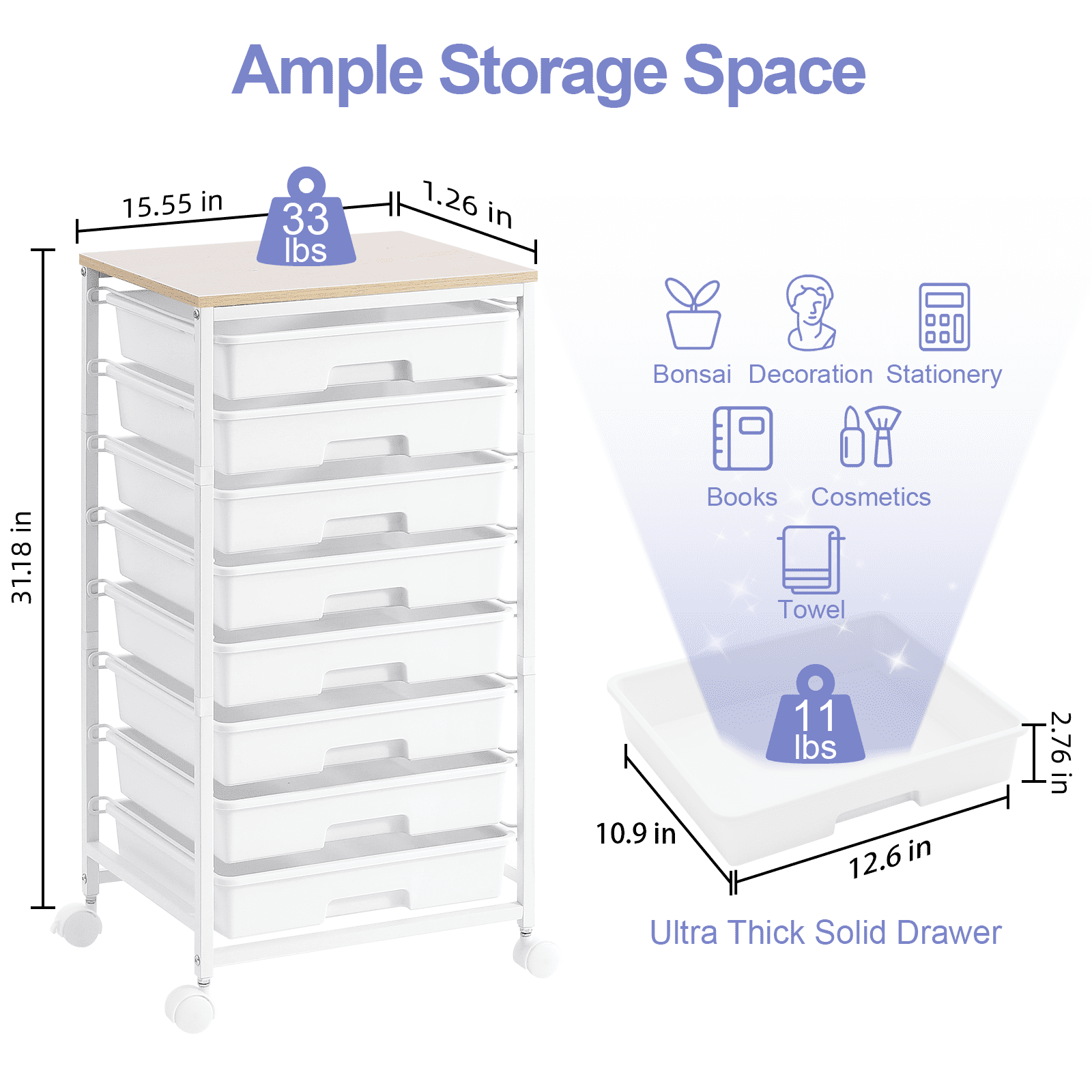 KINGRACK Rolling Storage Cart with 8 Drawers and Wooden Tabletop (White, 15.55 in x 12.60 in x 31.18 in) v4xgi