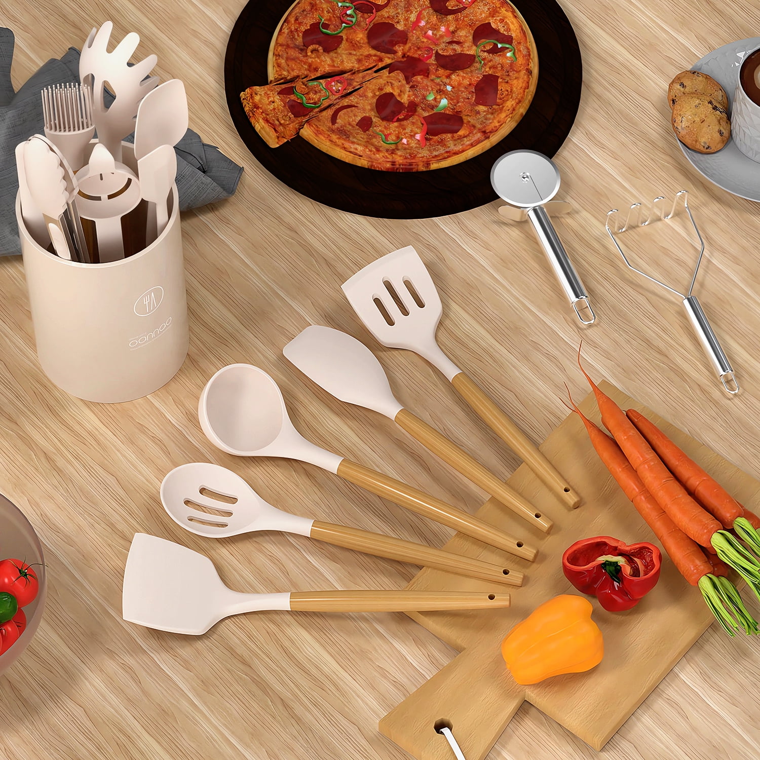 oannao 35-Piece Silicone Cooking Utensil Set, Heat-Resistant Kitchen Spatula Tools with Wooden Handles and Storage Holder (Khaki, 35-Piece) 3gcx6