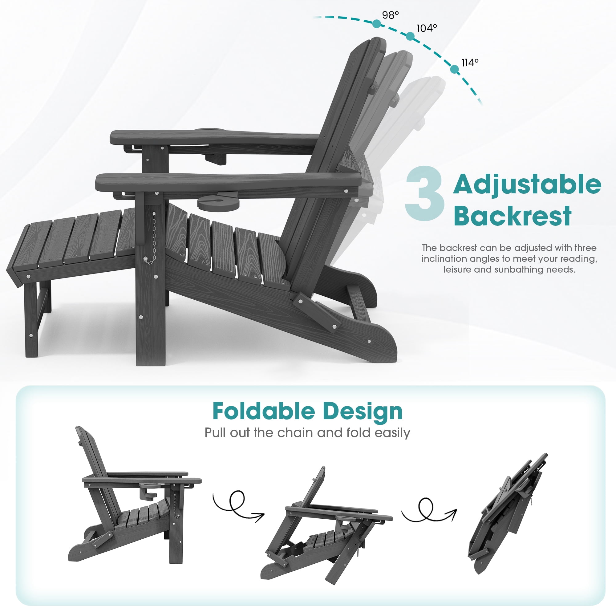 KINGYES Folding Adjustable Adirondack Chair with Retractable Ottoman (Grey, Set of 2) jf7ar