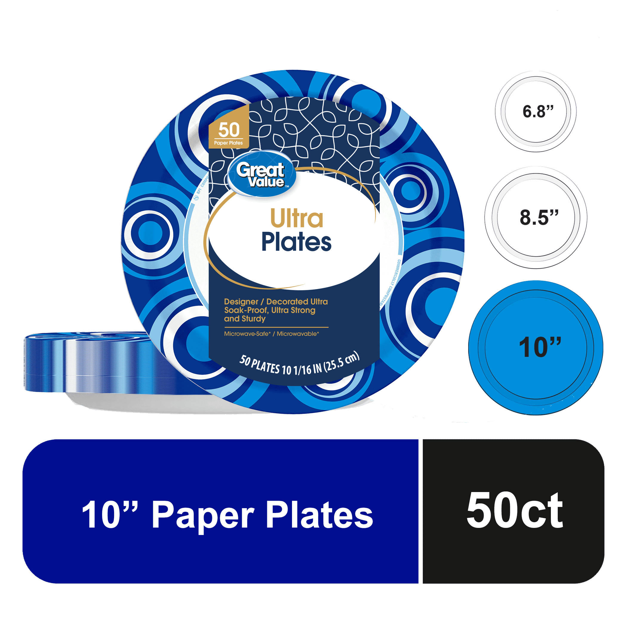 Great Value Ultra Disposable Paper Dinner Plates (White, 50 Count, 10 in) 8552e