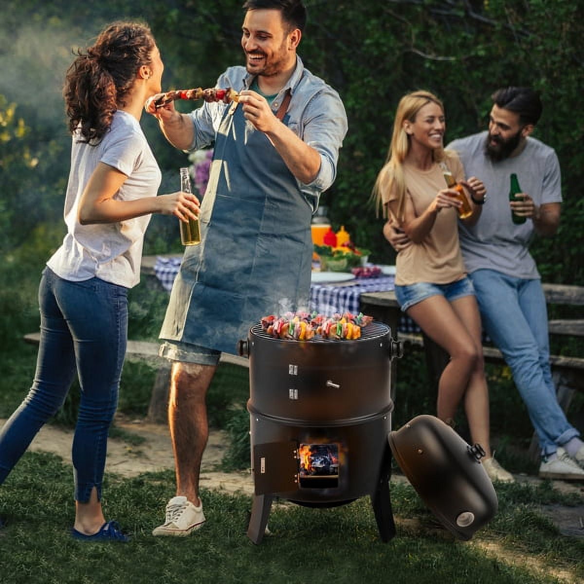 Geemuslly Vertical Charcoal Smoker, 3-in-1 Heavy Duty BBQ Grill for Outdoor Cooking (Black, 16 in) p67bx