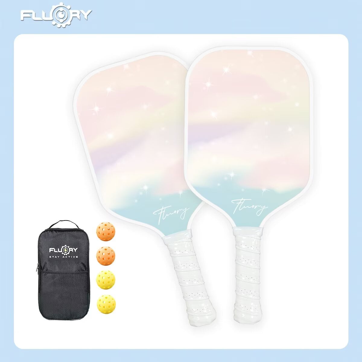 Fluory Glass Fiber Pickleball Paddle Set (2 Rackets, 4 Balls, 1 Carrying Bag, Lightweight) 4699d