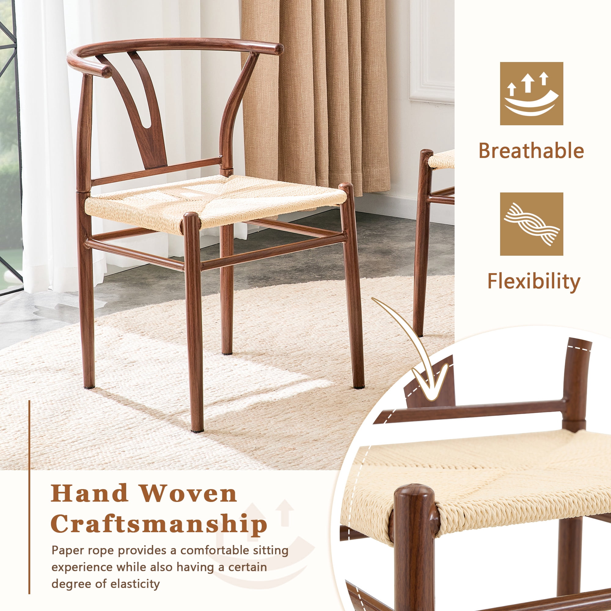 Cekeme Wishbone Dining Chair Set of 2, Mid-Century Modern Y-Shaped Armchair with Woven Seat (Brown, 17.7 in D x 19.6 in W x 29 in H) q5xf2