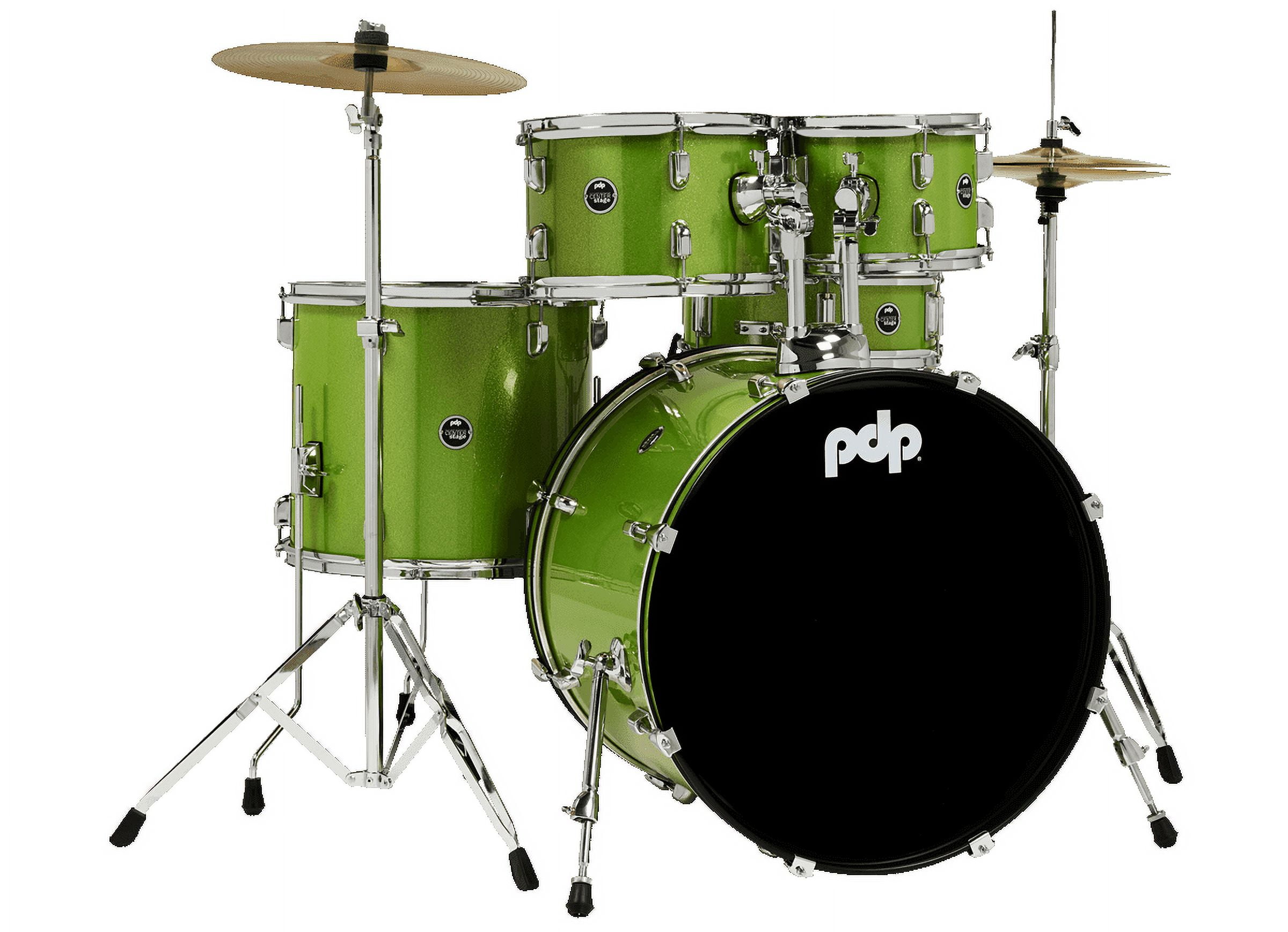 PDP Center Stage 5-Piece Full Drum Kit with Hardware and Cymbals (Electric Green Sparkle, 10/12/14/22 in) wydzs