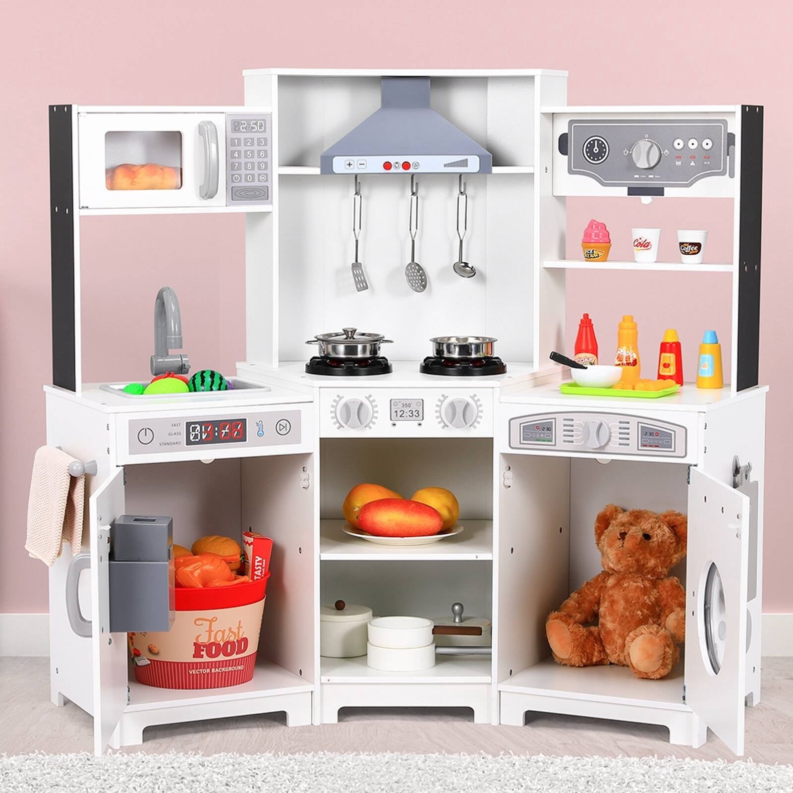 Pirecart Kids Corner Play Kitchen Wooden Cooking Pretend Playset with Lights and Sounds (White) imhzp