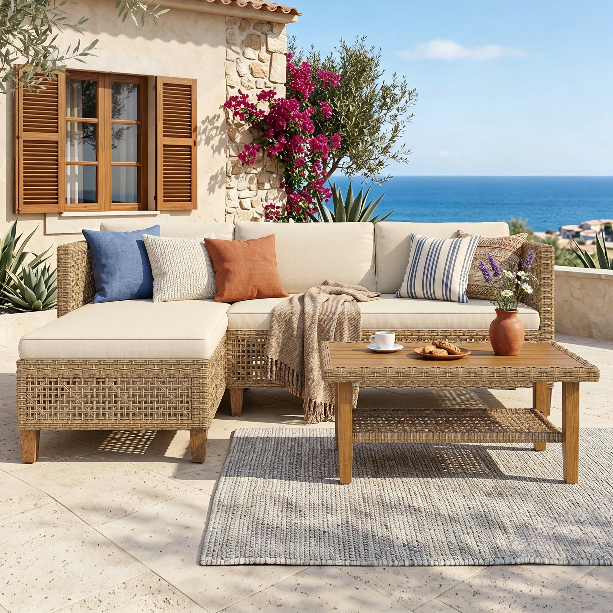Alpha Joy 3-Piece Wicker Patio Furniture Conversation Set with Wood Coffee Table (Boho Style, 3-Piece Set) ijtn8