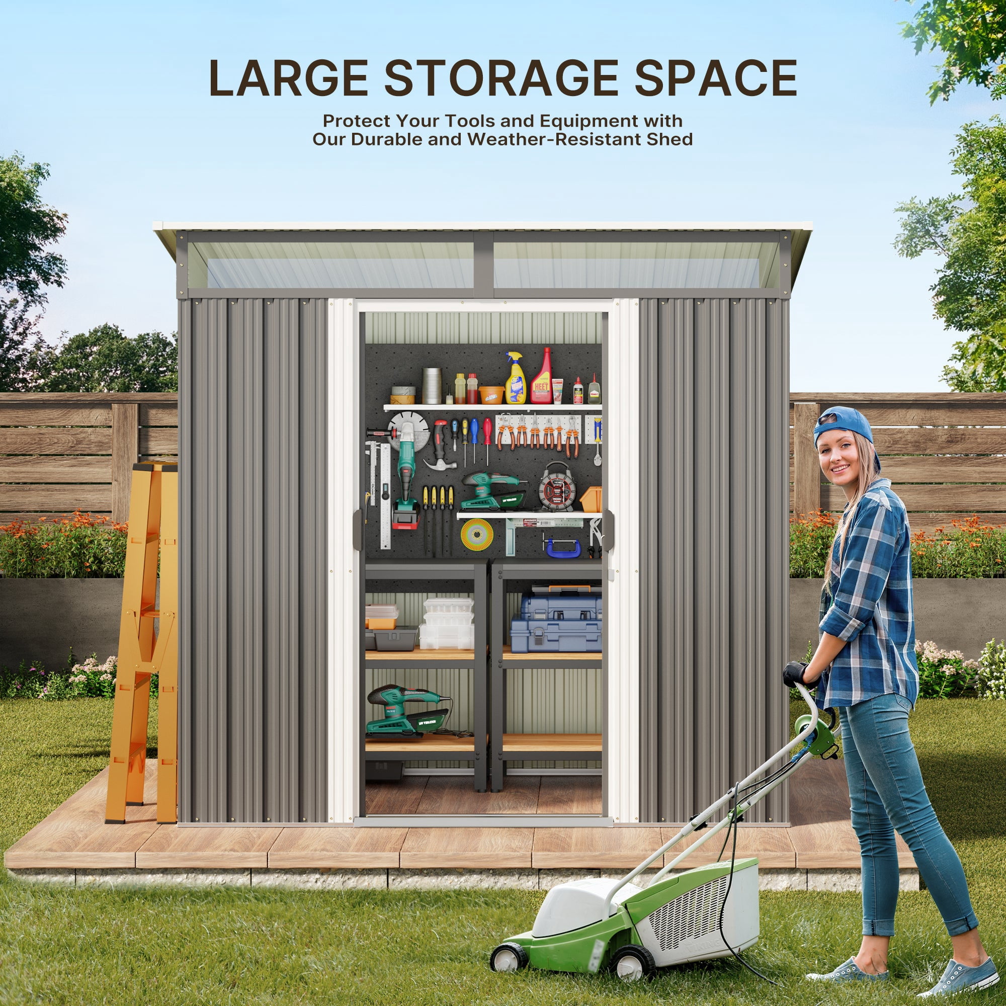 Aiho Metal Outdoor Storage Shed, Lockable Garden Tool House with Transparent Roof Panels and Vents (Dark Gray, 6 ft x 4 ft) ss3xs