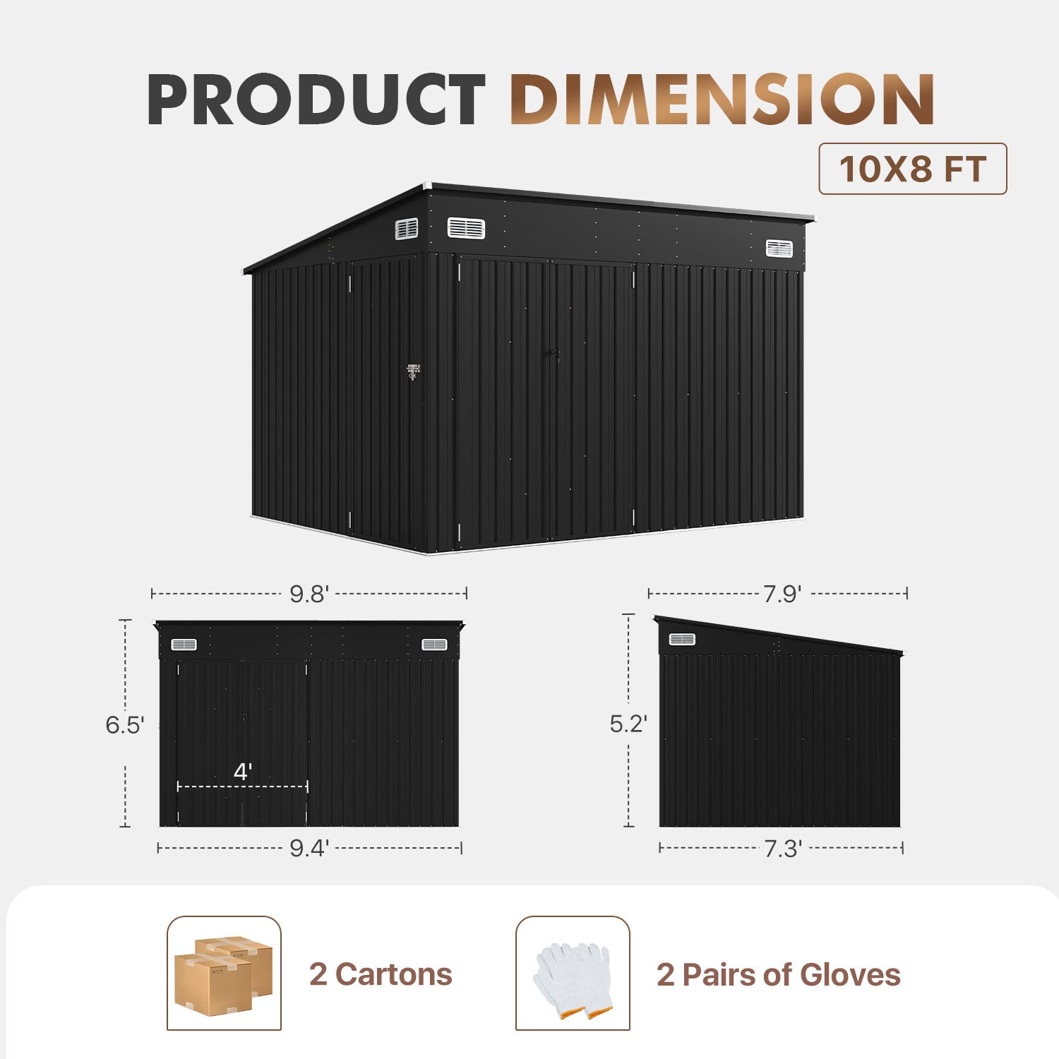 BaPiPro Lean-to Metal Storage Shed, Outdoor Garden Tool Organizer with Triple Lockable Doors and Vents (Black, 10 ft x 8 ft) tlqvs