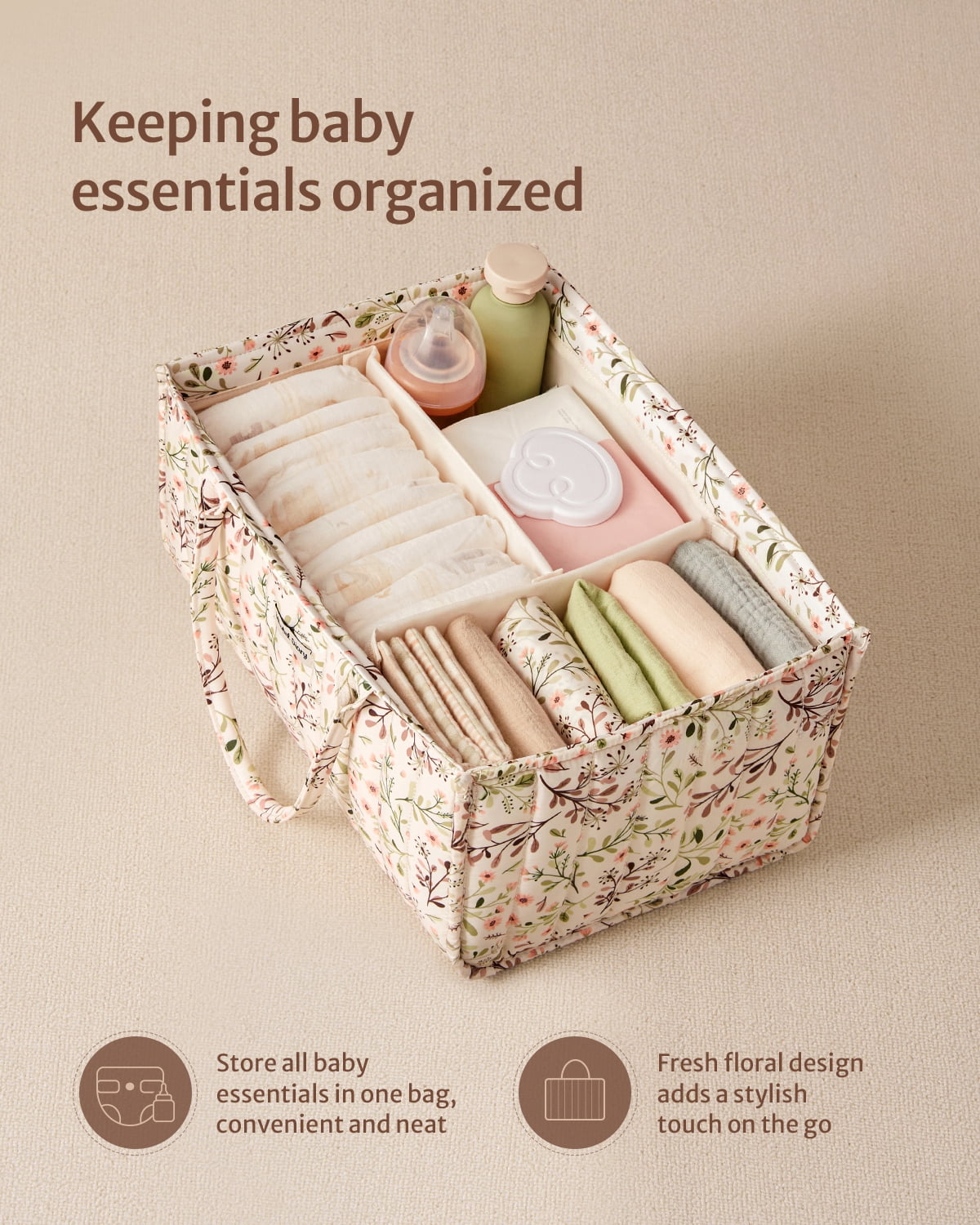 Blissful Diary Diaper Caddy Organizer, Portable Nursery Storage Basket for Baby Essentials (Beige, 15 in x 10 in x 7 in) a2ruw