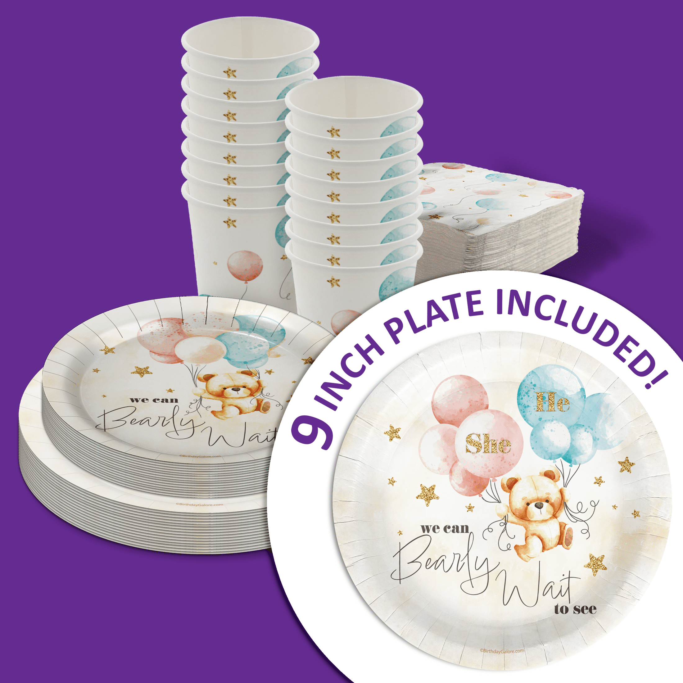Birthday Galore Teddy Bear Gender Reveal Party Supplies (64 Piece Tableware Set, Serves 16) 1id5c