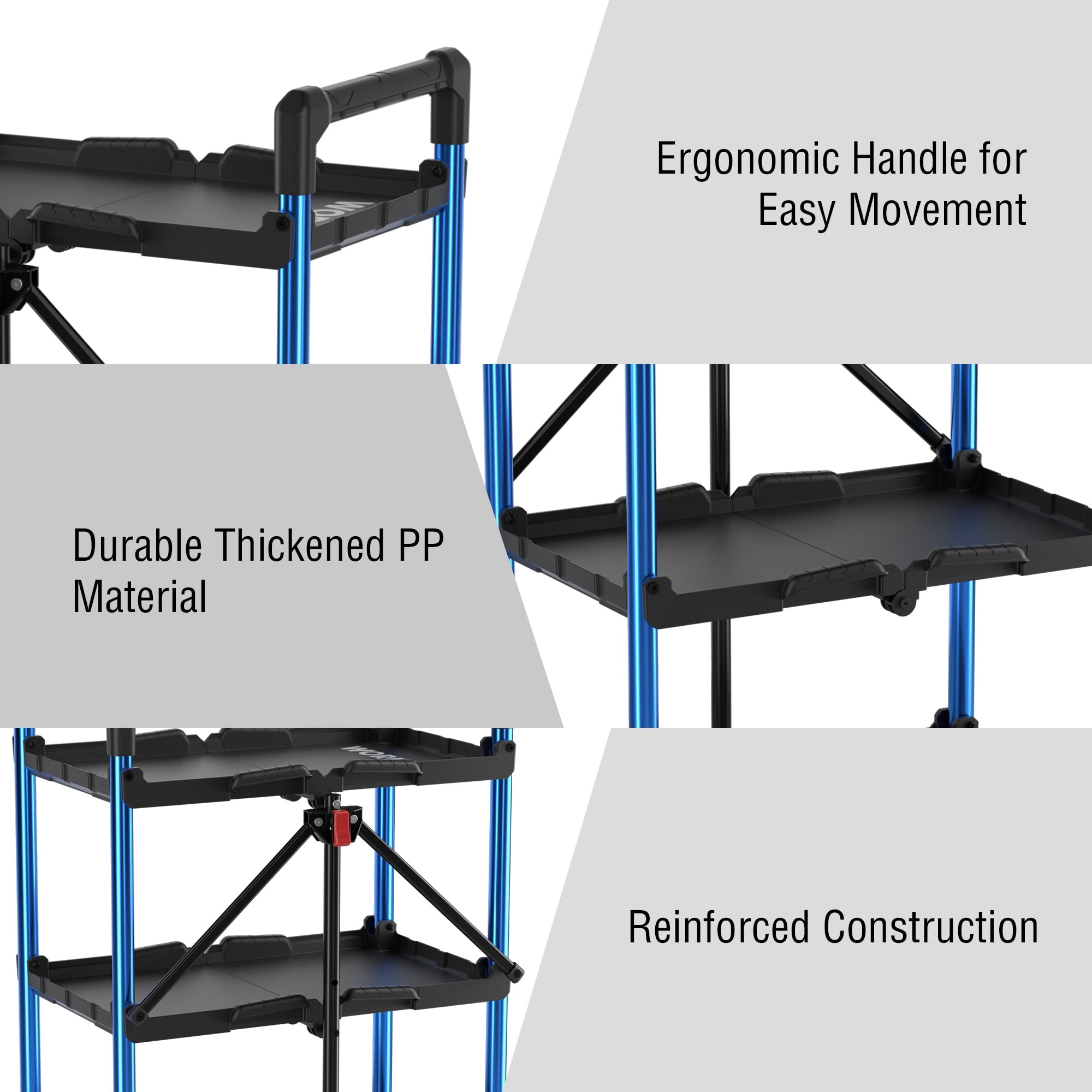 WORKPRO 3-Tier Folding Utility Cart, Heavy-Duty Rolling Service Cart with Swivel Wheels (Blue, 210 lb Capacity) gtndd
