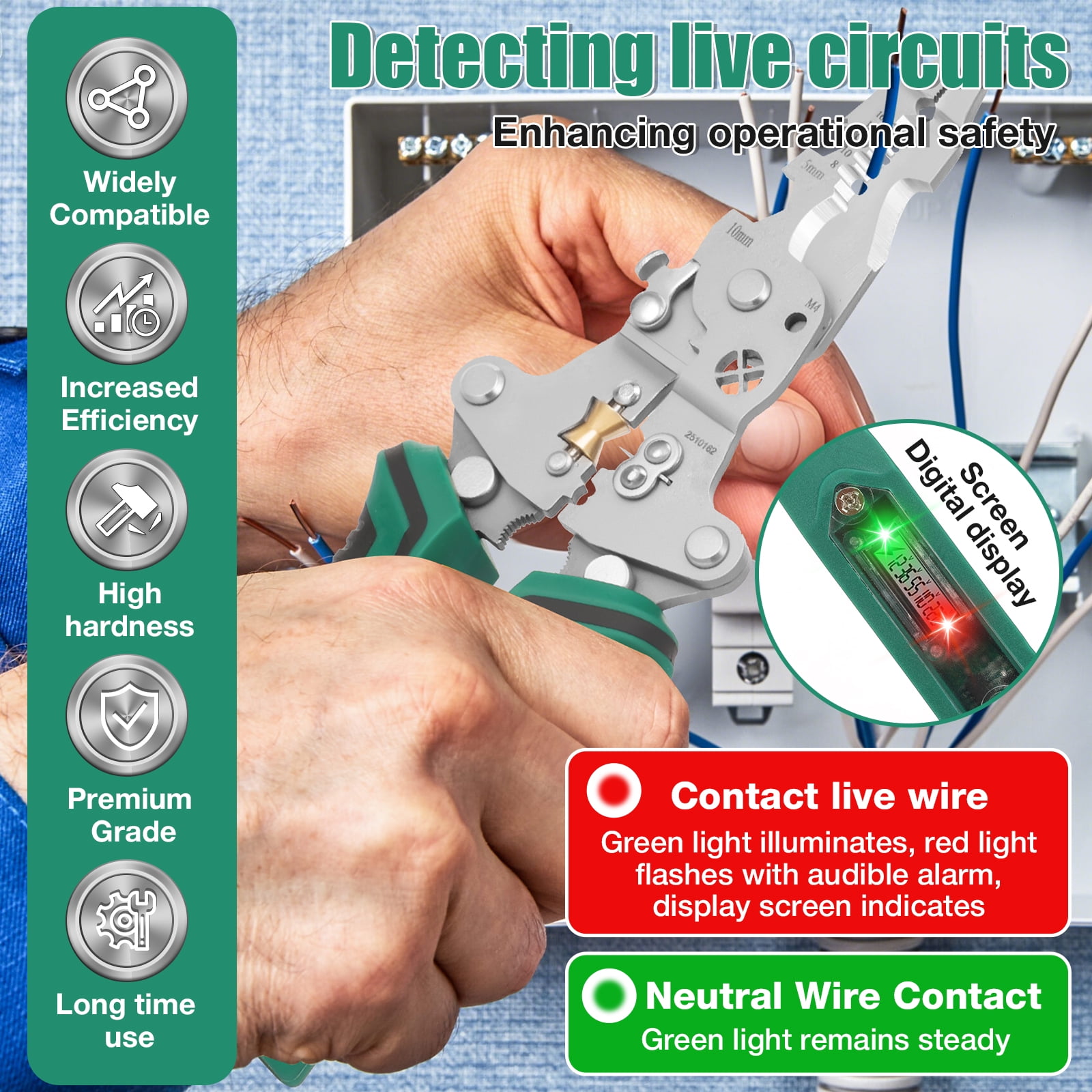 Wakehye 18-in-1 Foldable Wire Stripper with Voltage Tester and Crimping Tool (Green, 8-16 AWG) c1zfn