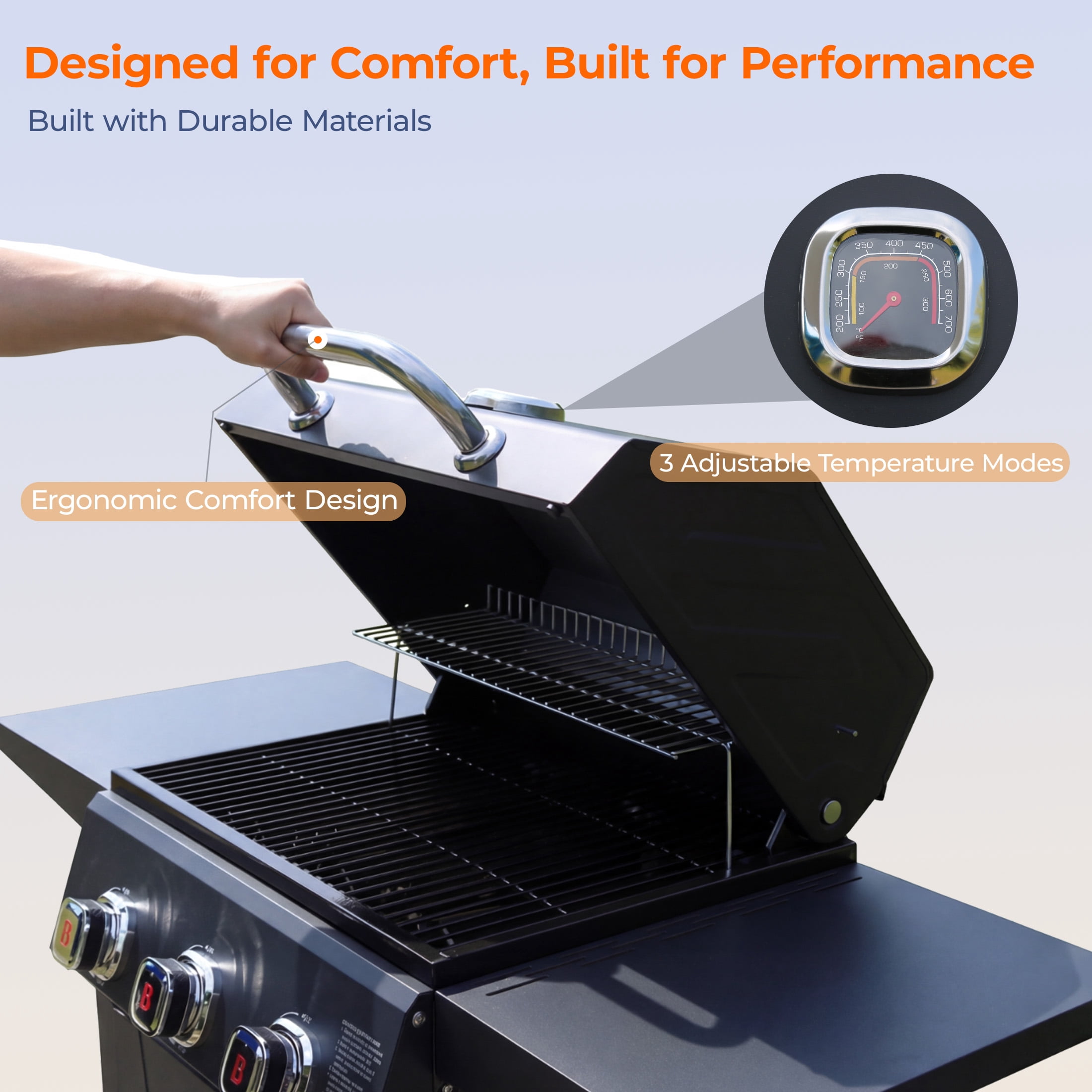 Fliintex 3-Burner Propane Gas Grill, Outdoor BBQ Grill with Porcelain-Coated Grates and Built-in Thermometer (Black, 467 sq. in.) r3jzw