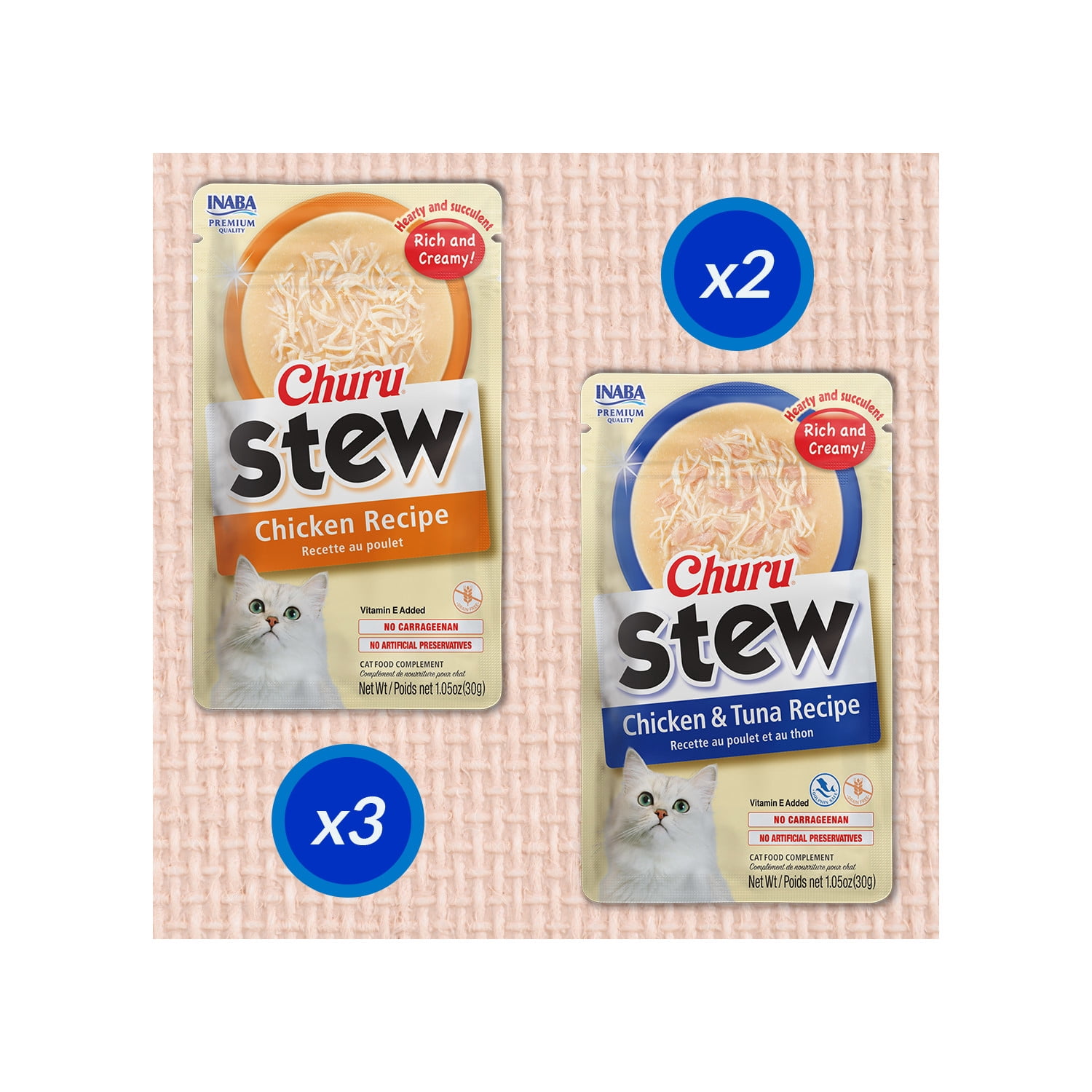 Inaba Churu Stew Grain-Free Cat Food Topper, Creamy Broth Gelée with Shredded Chicken and Tuna (Variety Pack, 5-Count, 1.05 oz) e0wyw