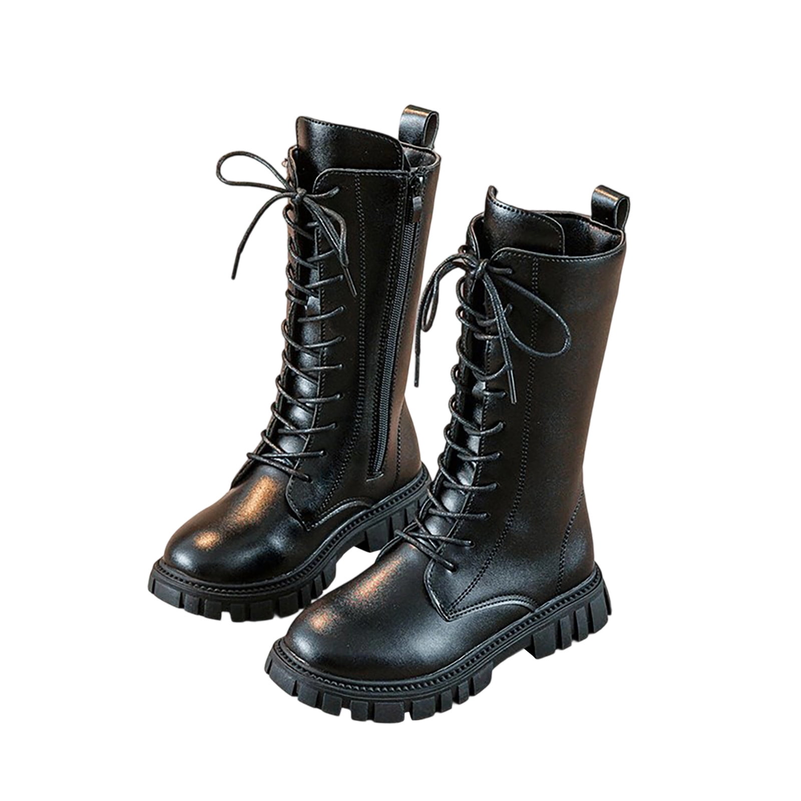 SZJXBUY Girls Combat Boots Mid Calf Lace Up Riding Shoes (Black, 4.5 US Big Kid) ra4hr