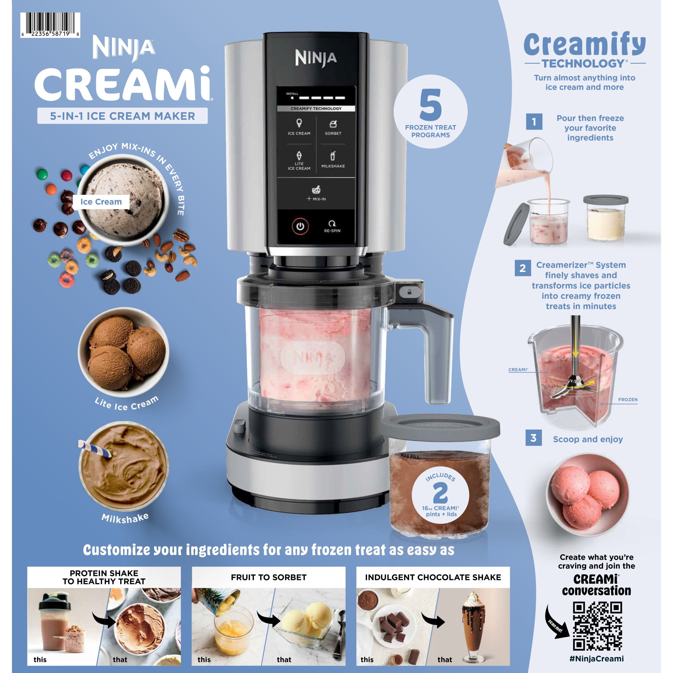 Ninja CREAMi Ice Cream Maker, 5 One-Touch Programs for Sorbet and Milkshakes (White, 2-Pack 16 oz Pints) qjguv