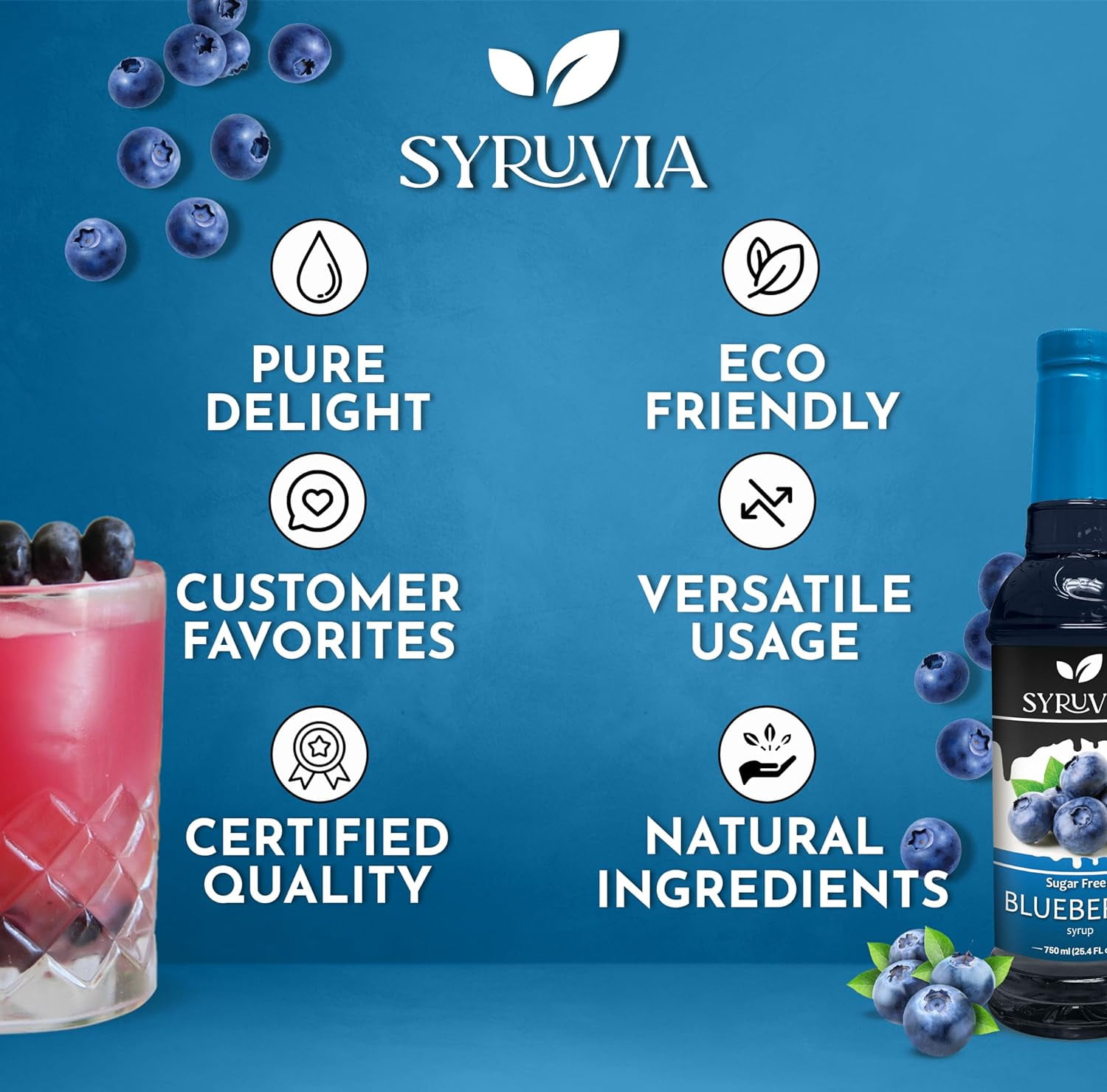 Syruvia Sugar Free Blueberry Coffee Syrup, Zero Calorie Flavoring for Lattes, Shakes, and Desserts (Blueberry, 25.4 fl oz) 3bbqk