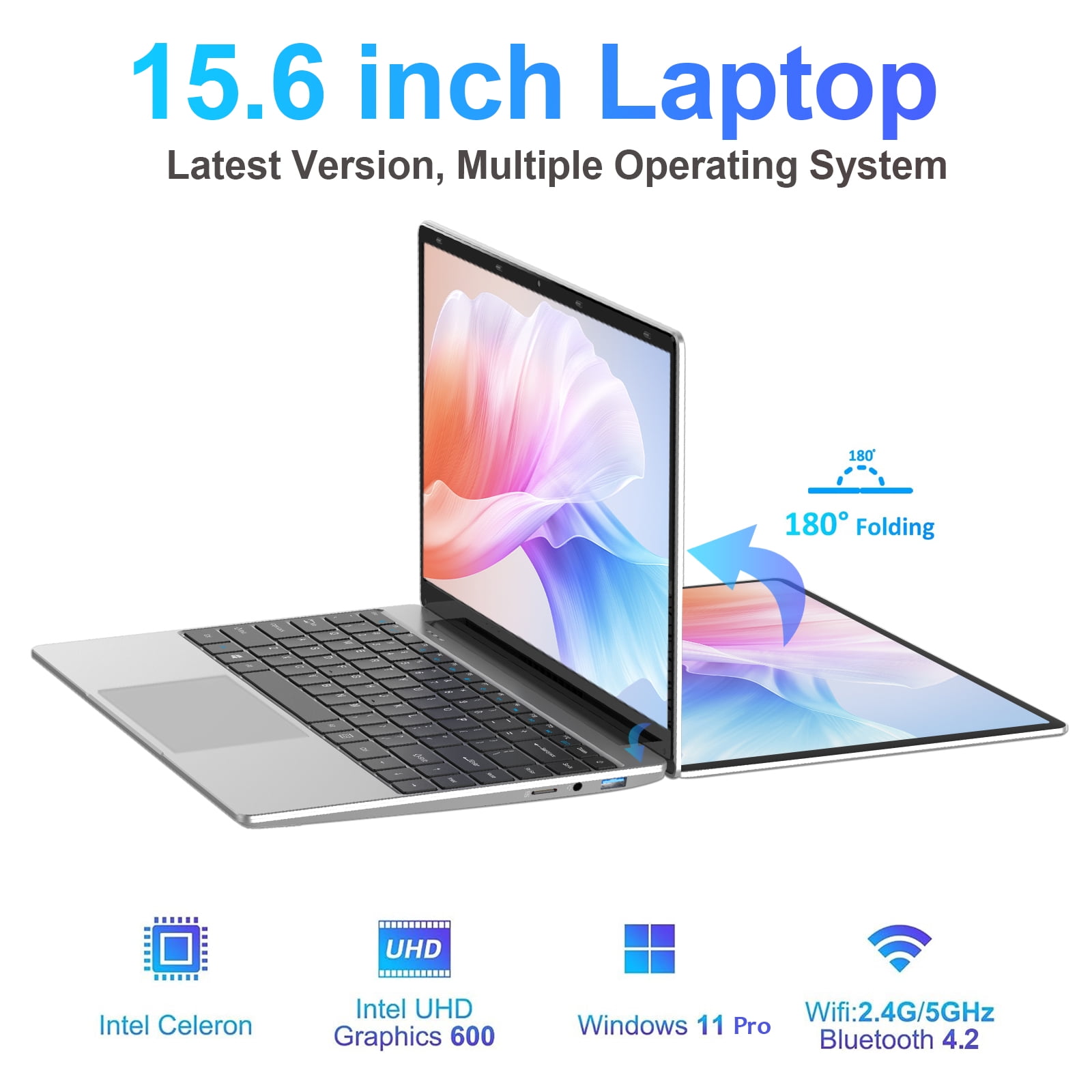 TEMLICOLO 15.6 in Laptop Windows 11 Pro Intel Celeron 8GB RAM 256GB SSD Full HD IPS Display (Silver, 15.6 in) 97p24