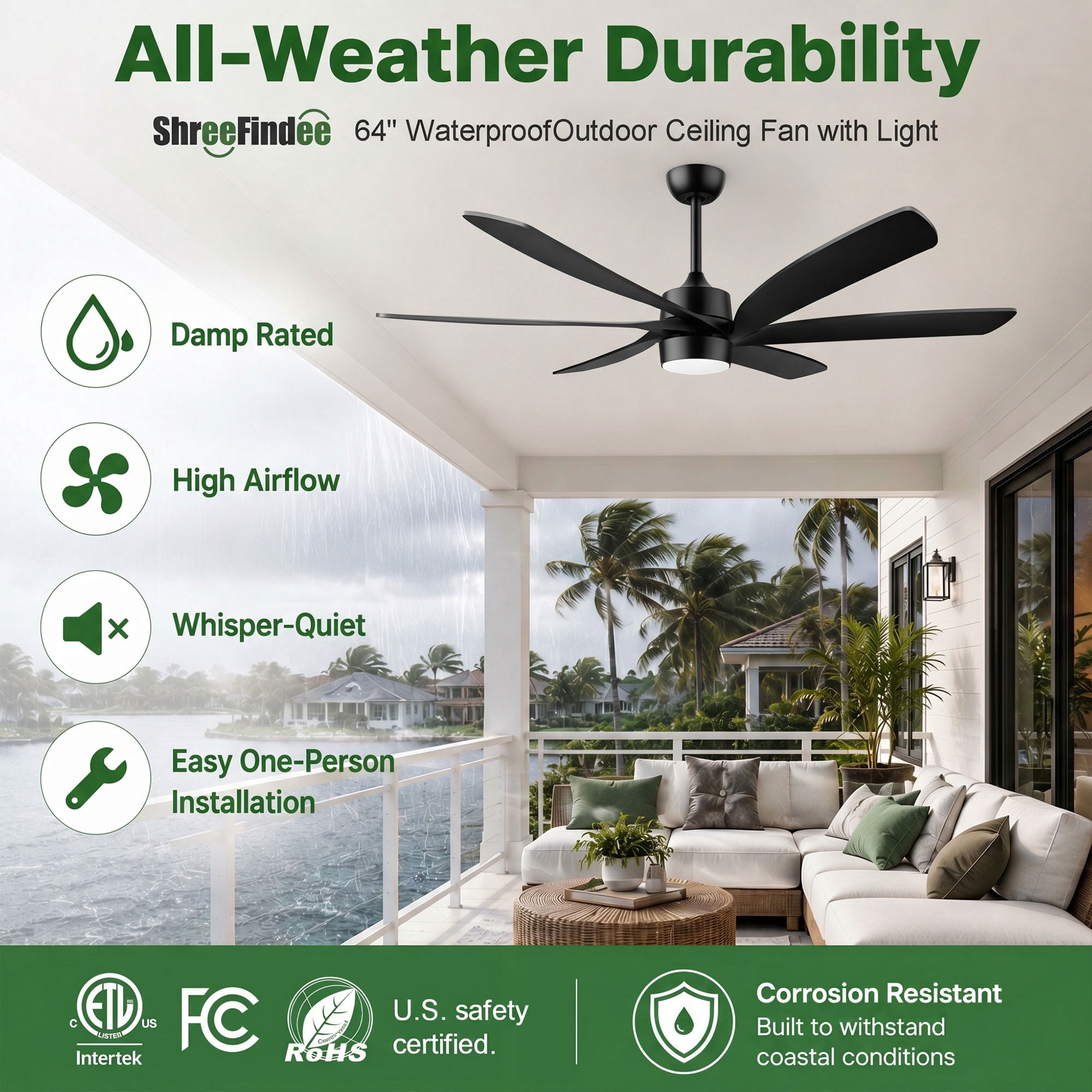 ShreeFindee 64 in Outdoor Ceiling Fan with Light, Dimmable LED, Reversible DC Motor, Waterproof for Patio and Indoor Use (Black, 64 in) olngl