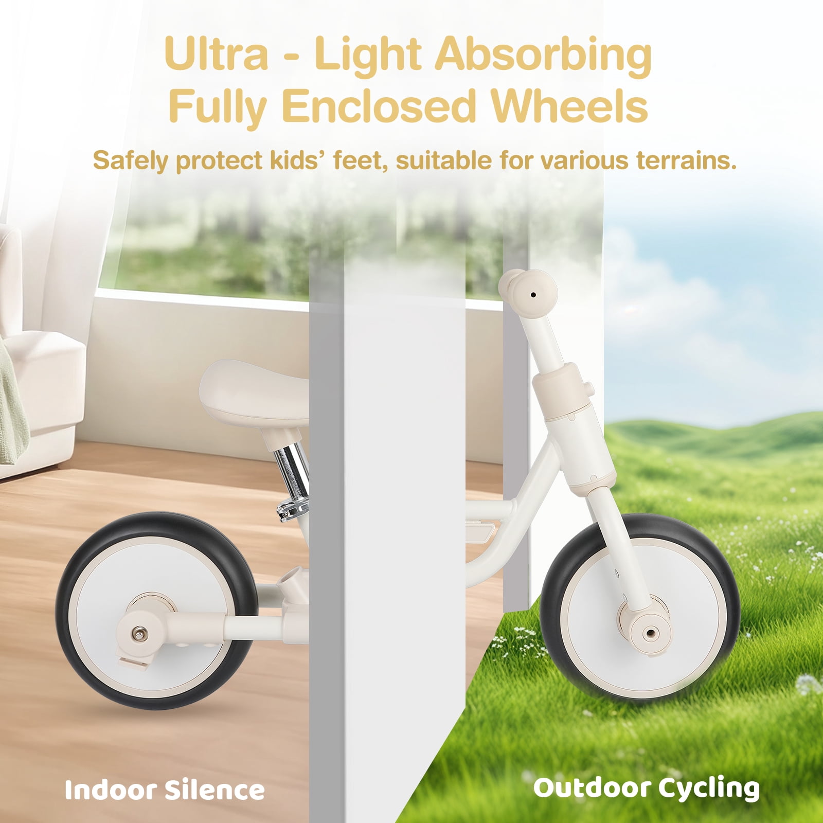 MEGHNA 4-in-1 Toddler Balance Bike with Pushbar and Detachable Training Wheels (White) 9g9z8