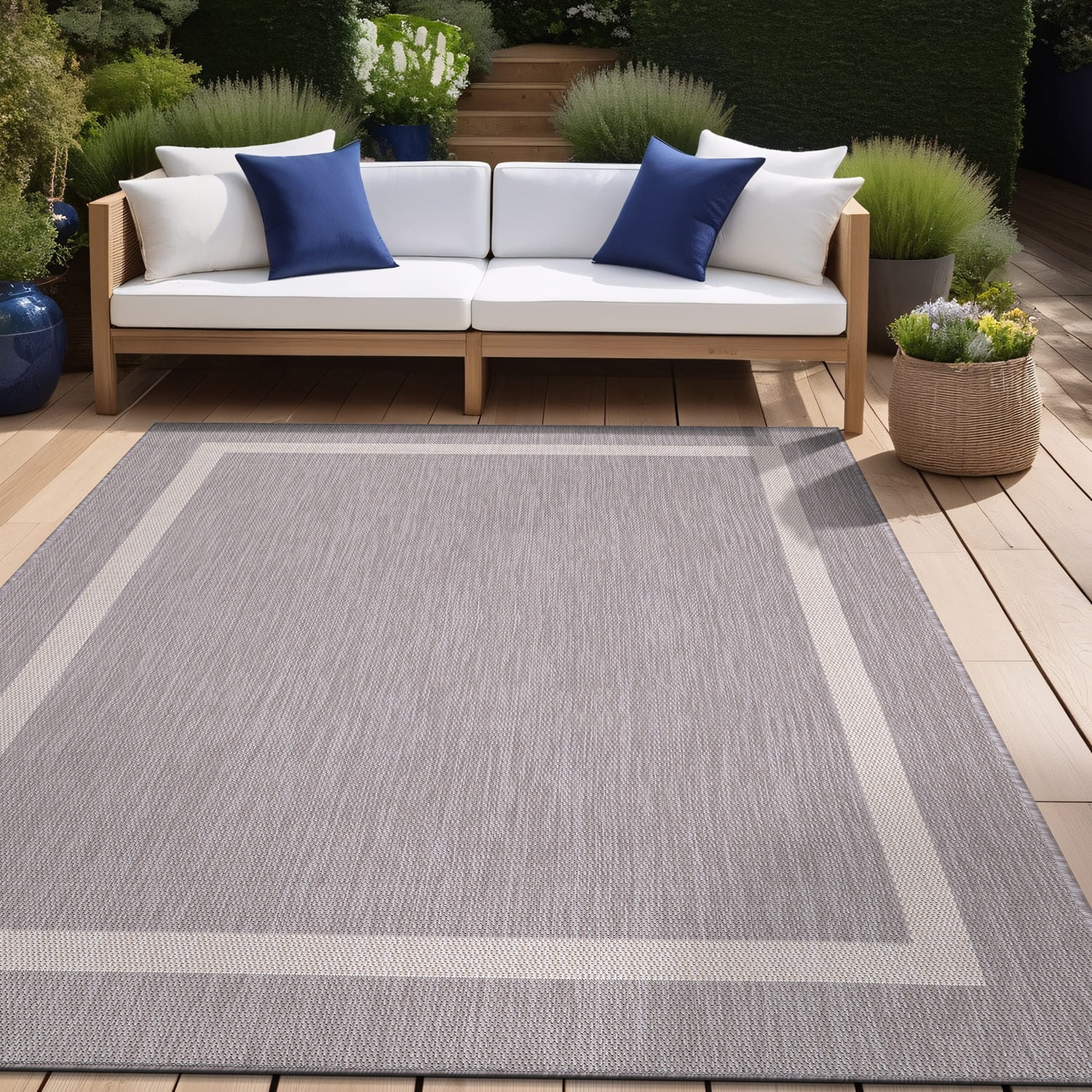 Beverly Rug Indoor Outdoor Area Rug, Bordered Patio Porch Garden Carpet (Gray and White, 5 ft x 7 ft) w4mme