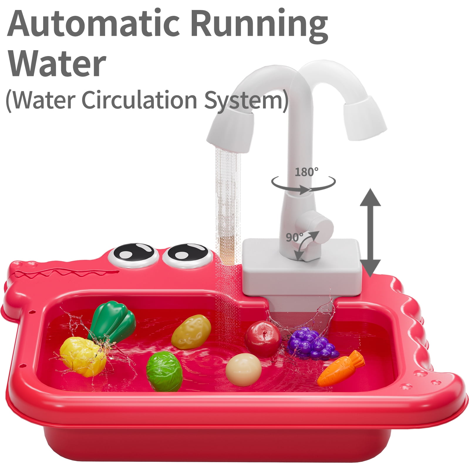 iHaHa Kitchen Play Sink Toy Set with Running Water and Pretend Food Accessories (Red, 18 Piece Set) 3gvht
