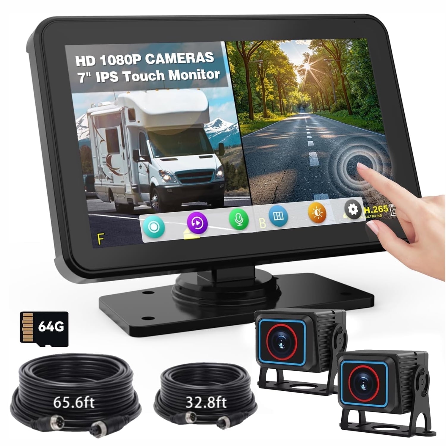 MHCBSR Wired Backup Camera System with 7-inch IPS Touchscreen Monitor and 64GB SD Card (Dual 1080P Cameras) b3auc