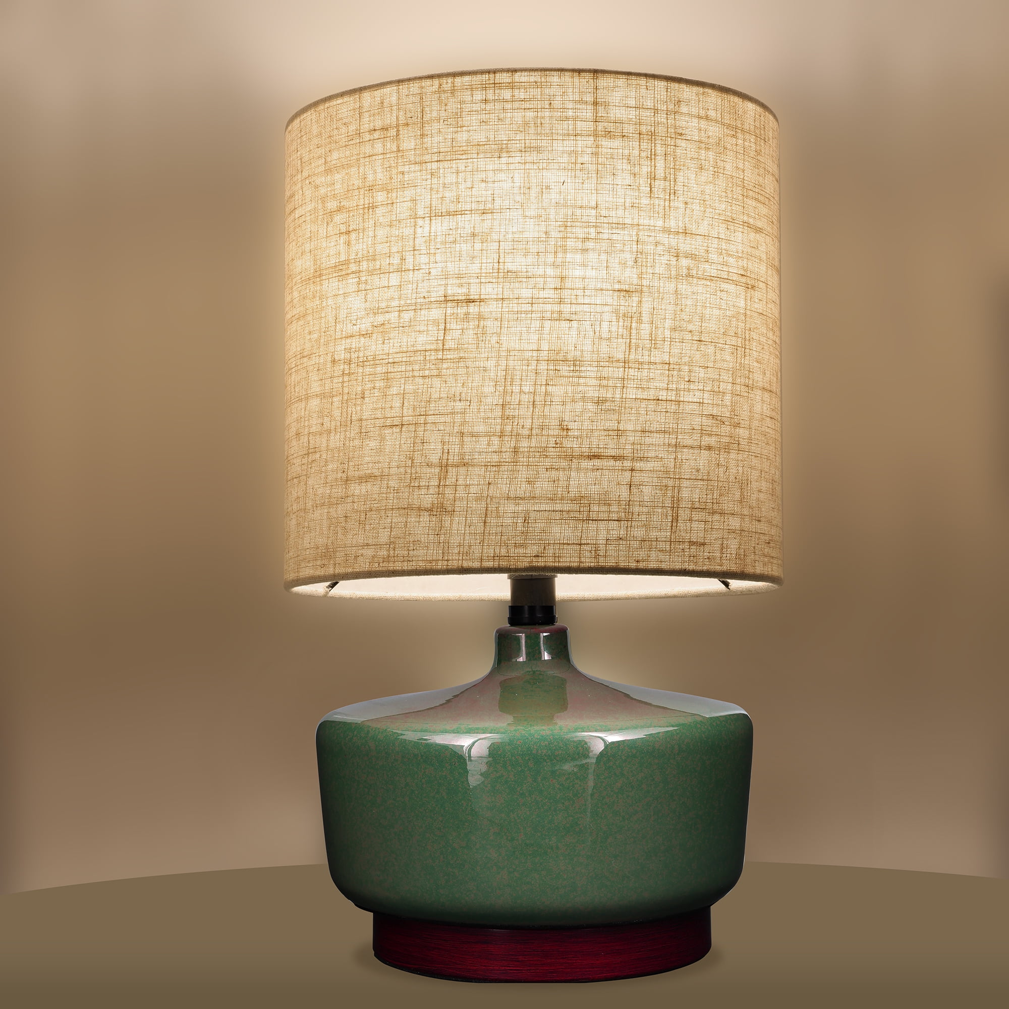 Better Homes & Gardens Modern Mid-Century Ceramic Table Lamp with Wood Base (Deep Green, 17 in) x50hl